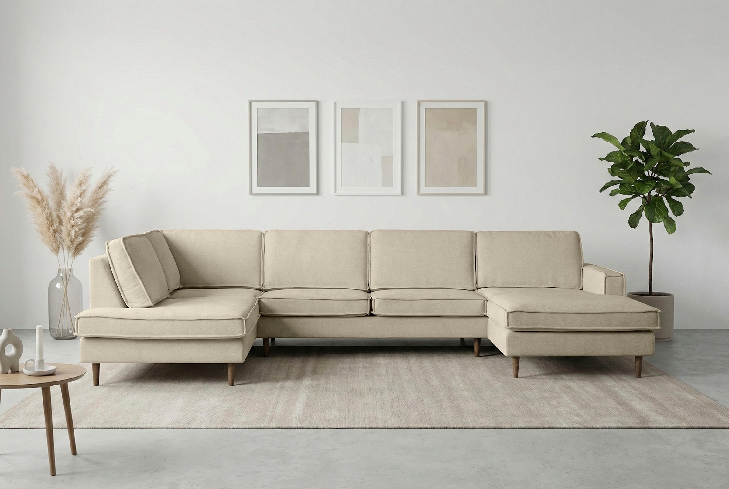 Home affaire Wohnlandschaft »Pinto Skandi, 350 cm, U-Form, XXL, mit Ottomanen« mit Keder, Massivholzfüße Eiche geräuchert, Wellenunterfederung