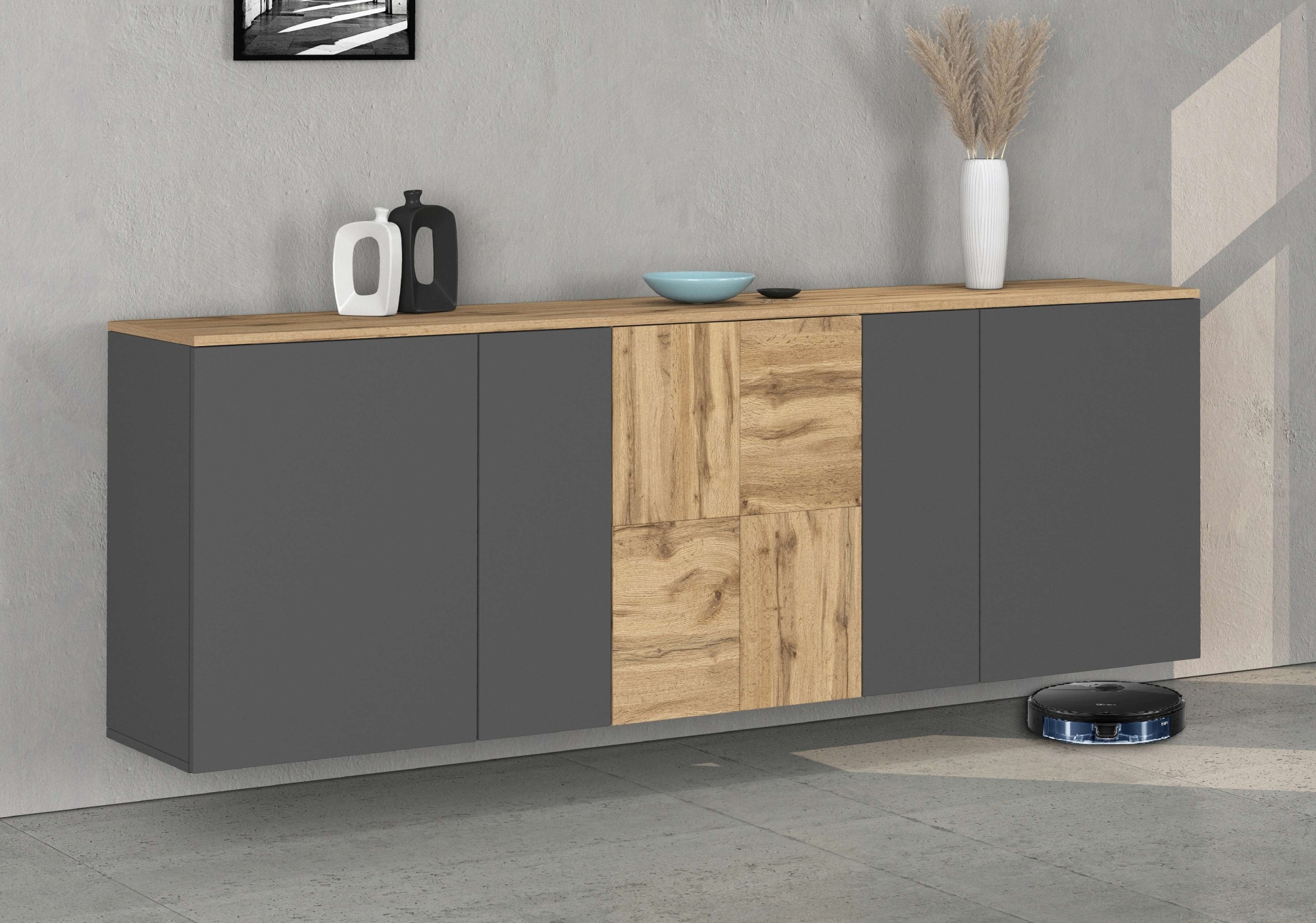 OTTO home Sideboard »ISEO, Kommode, Schrank, Sideboard, Lowboard, 6 Fächer, Breite 200 cm« 1 Stk. tlg. stehend/hängend, 5 Türen, 6 Fächer, Breite 200 cm