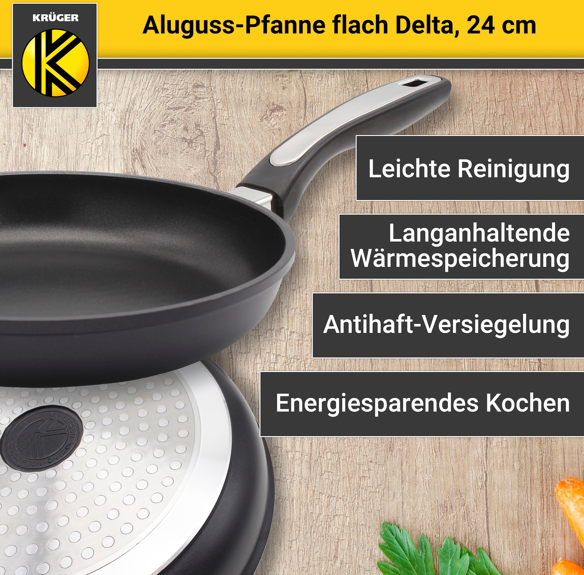 Krüger Bratpfanne »Aluguss Pfanne flach DELTA«, Aluminiumguss, (1 tlg.), für Induktions-Kochfelder geeignet
