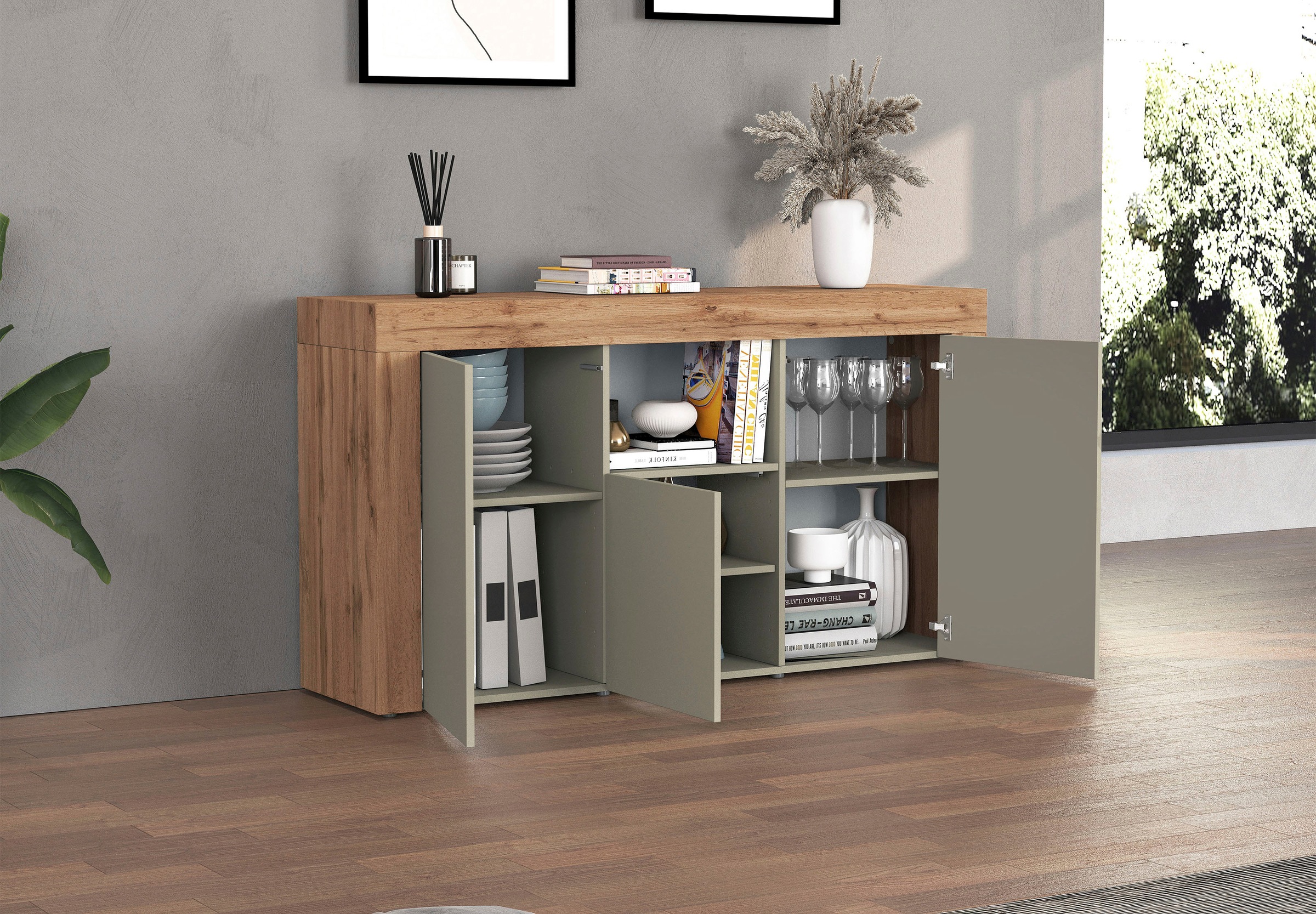 OTTO home Sideboard »CHRONOS Breite 155 cm mit 3 Türen, 1 offenes und 6 geschlossene Fächer« 1 Stk. tlg. Sideboard,Kommode, Schrank, Grifflos mit Push to Open, Made in Italy