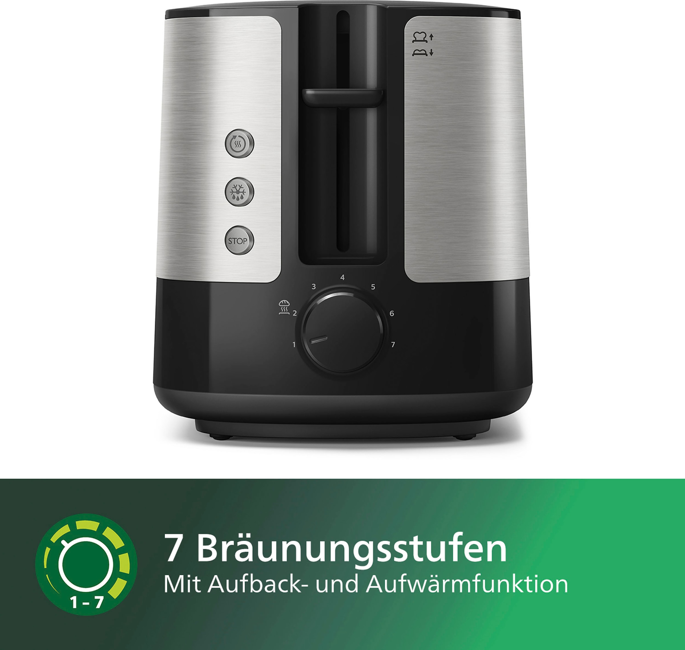 Philips Toaster »HD2637/90 Viva Collection«, 2 kurze Schlitze, für 2 Scheiben, 950 W, Brötchenaufsatz, Krümelschublade, 7 Bräunungsstufen, Silber