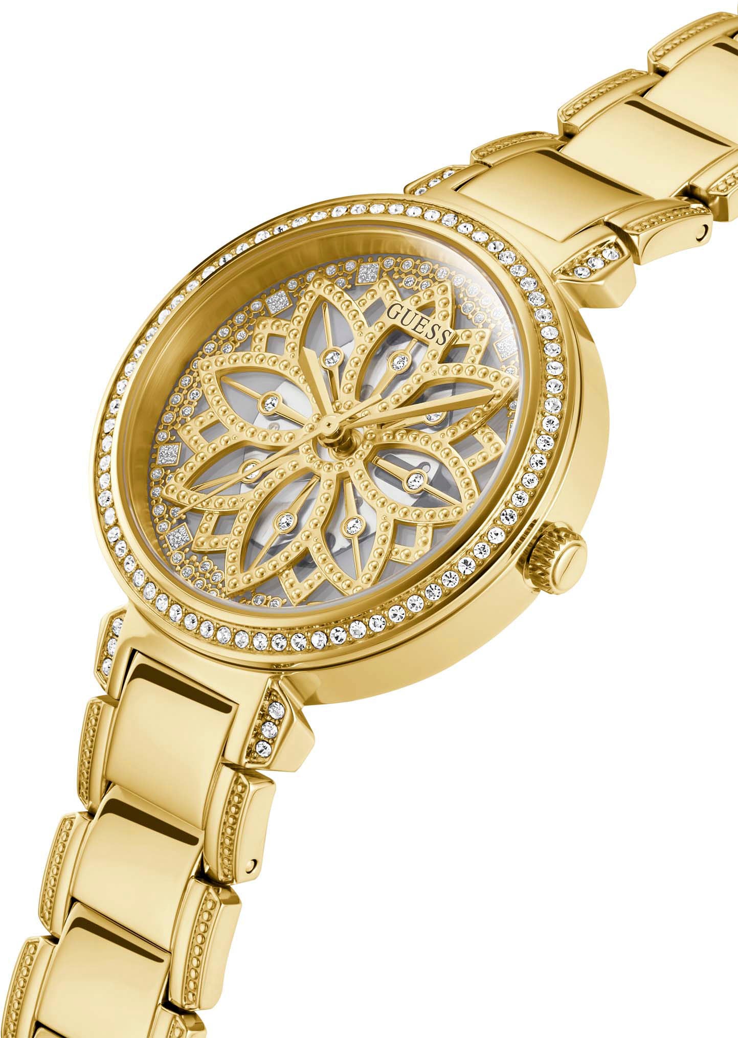 Guess Quarzuhr »LILY«, Armbanduhr, Damenuhr, analog, Kristallsteine, Edelstahlarmband