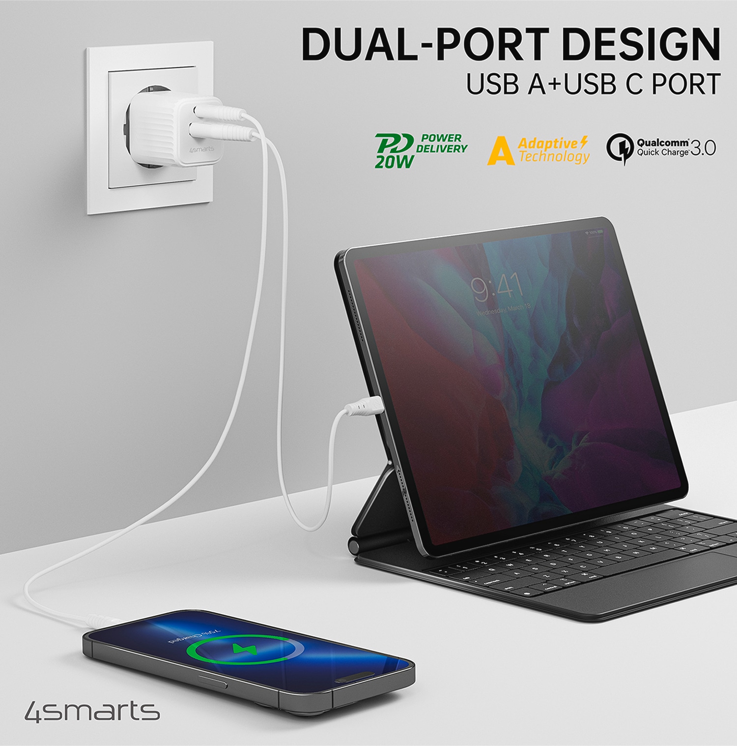 4smarts USB-Ladegerät »VoltPlug Duos Mini PD 20W + USB-C Kabel«, USB-A USB-C Fast Charge Samsung Galaxy Apple iPhone Huawei Xiaomi Sony