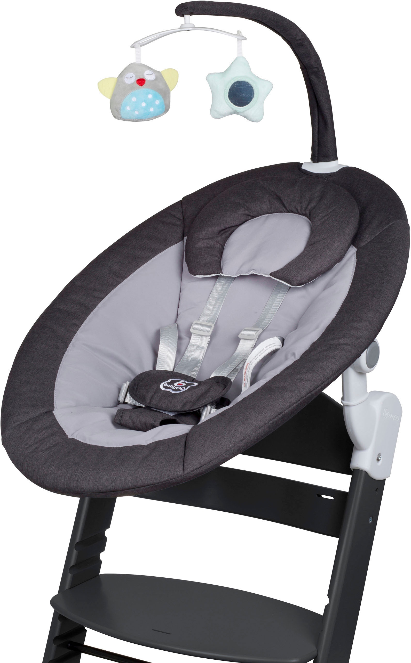 BabyGo Hochstuhl »Family Homey Set, schwarz/dunkelgrau« () mit elektrischer Babywippe inkl. Spielbogen