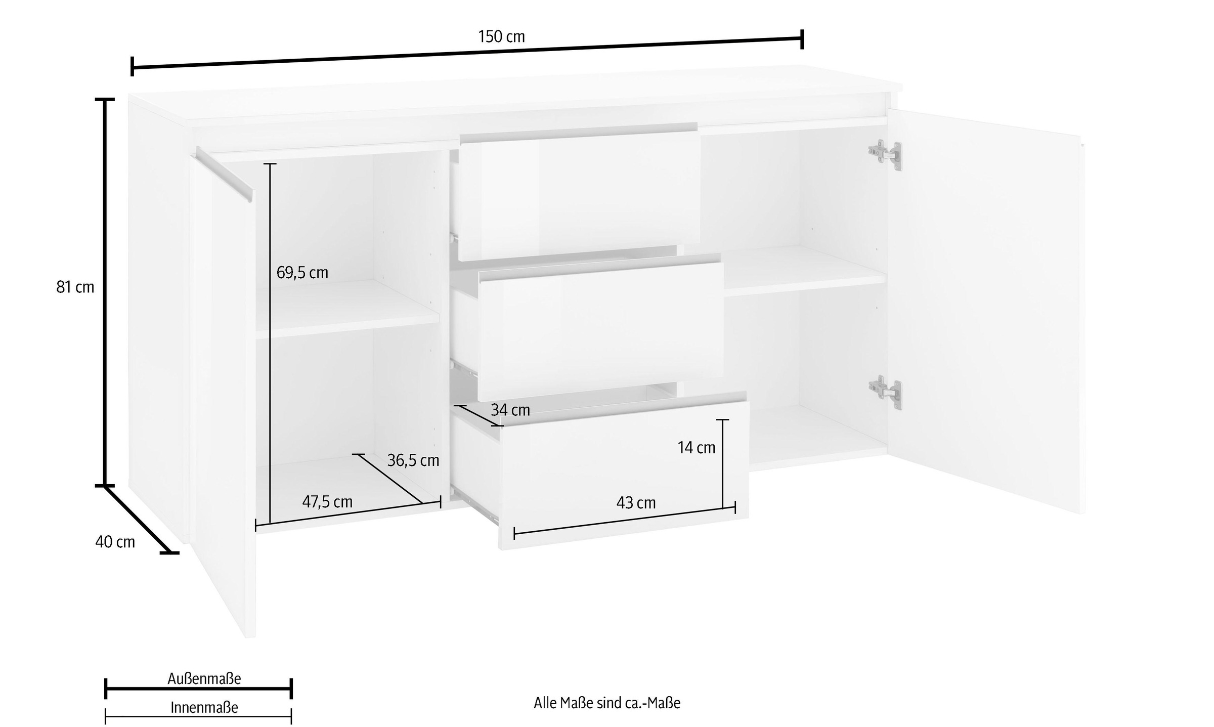 INOSIGN Kommode »Magic, Kommode, Schrank, Kredenz«, mit 2 Türen und 3 Schubkästen Hochglanz lackiert (B/T/H) 150x40x81 cm
