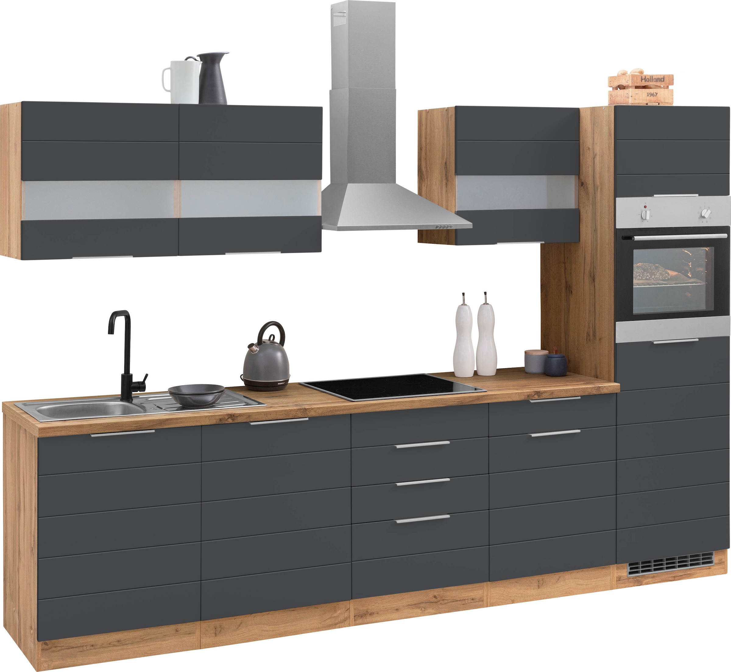 KOCHSTATION Küchenzeile »KS-Luhe« 300 cm breit, wahlweise mit oder ohne E-Geräten, gefräste MDF-Fronten