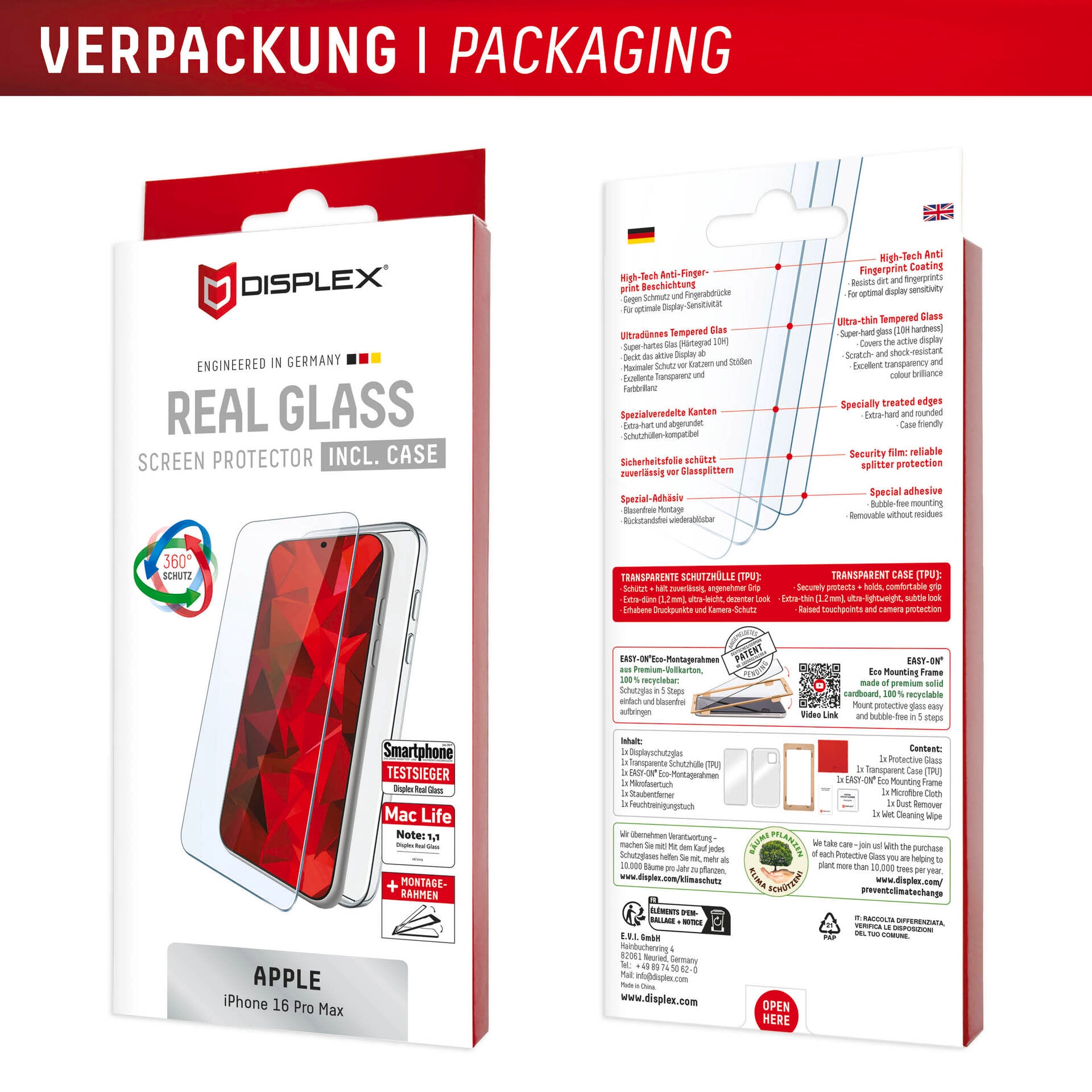 Displex Displayschutzglas »Real Glass Screen Protection + Case«, für Apple iPhone 16 Pro Max, Displayschutzfolie, Schutzfolie, Bildschirmschutz, kratz- & stoßfest