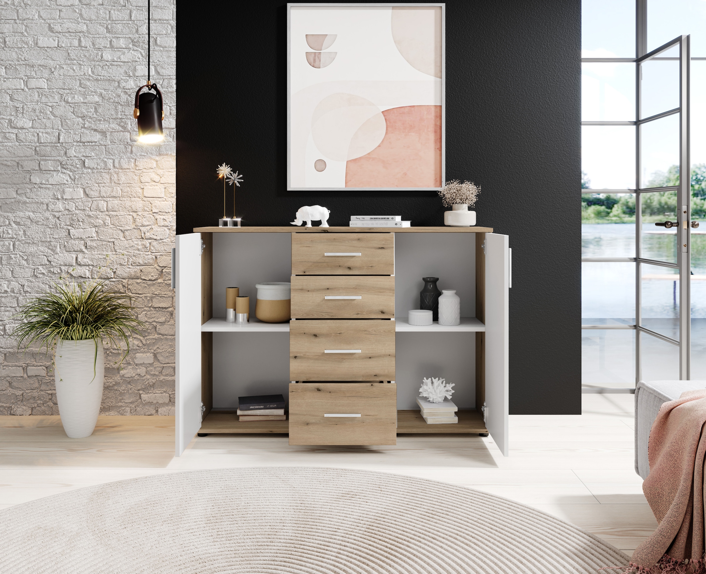 HBZ Kommode »BC-Drift-2, Sideboard Stellmaß 120x84x35 cm«, (1 St.), Sideboard mit 2 Türen, 4 Schubkästen, 2 Einlegeböden