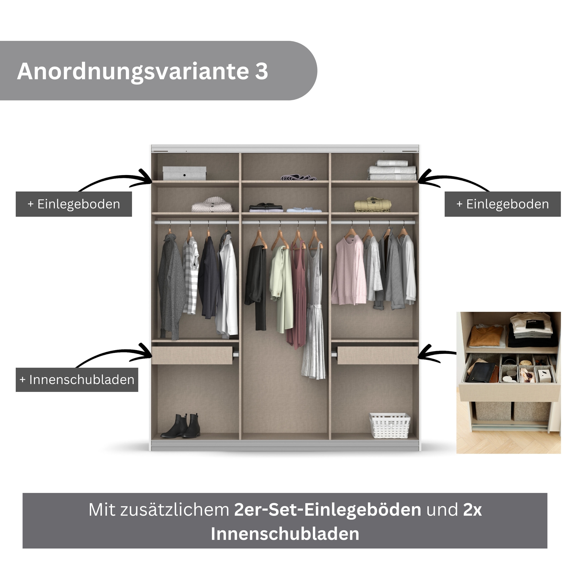 rauch Schwebetürenschrank »Kleiderschrank Schrank Garderobe BESTSELLER KOLUNA mit Spiegel«, inkl. 2 Innenschubladen sowie extra Einlegeböden MADE IN GERMANY