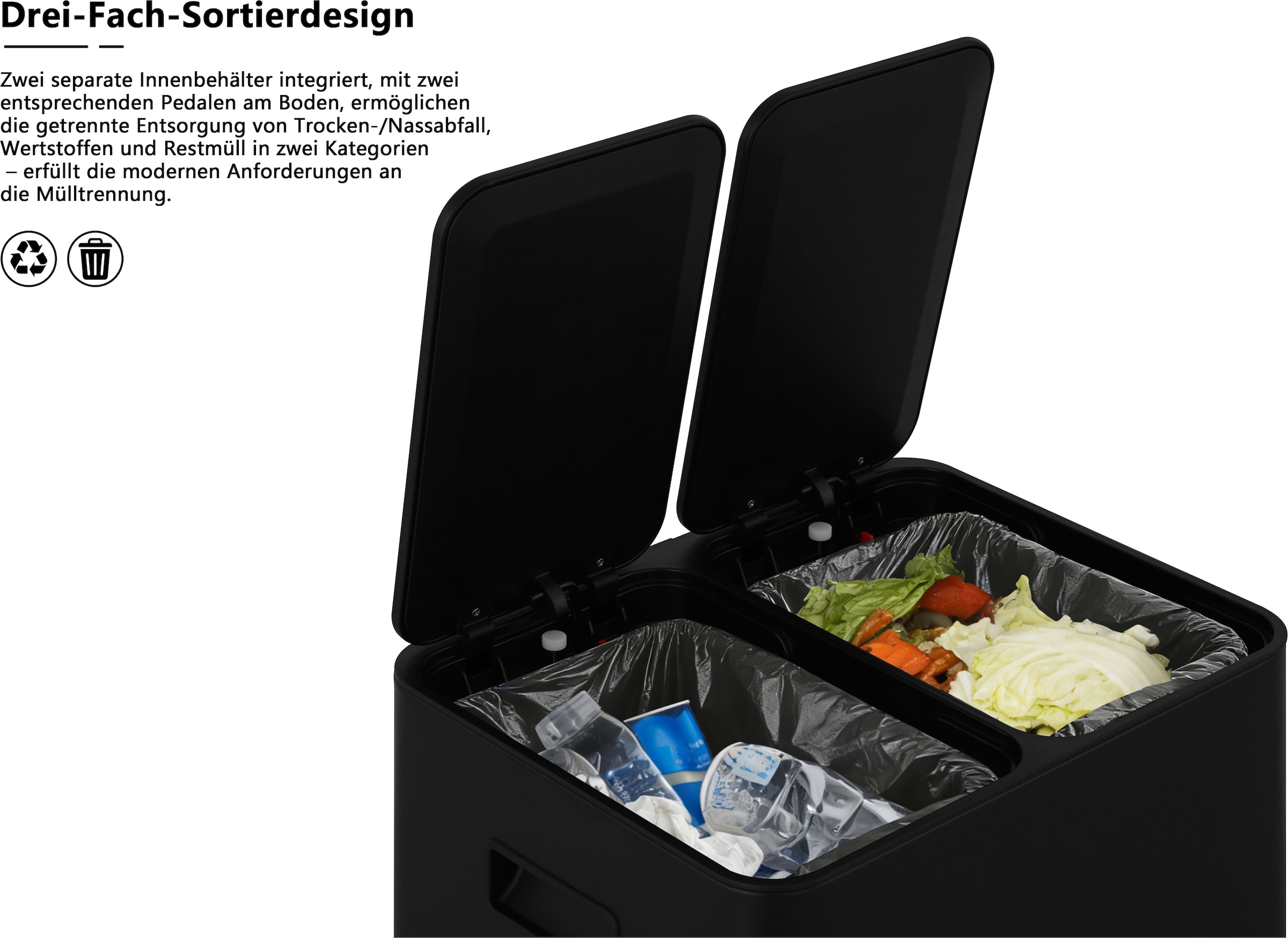OTTO home Mülleimer »Garrin, Soft Close, m. 2 Fächern, Fassungsvermögen 2x15 L bzw. 2x30 L« 2 Behälter Mülltrennsystem mit 2 separaten Innenbehältern und Fußtrittpedalen