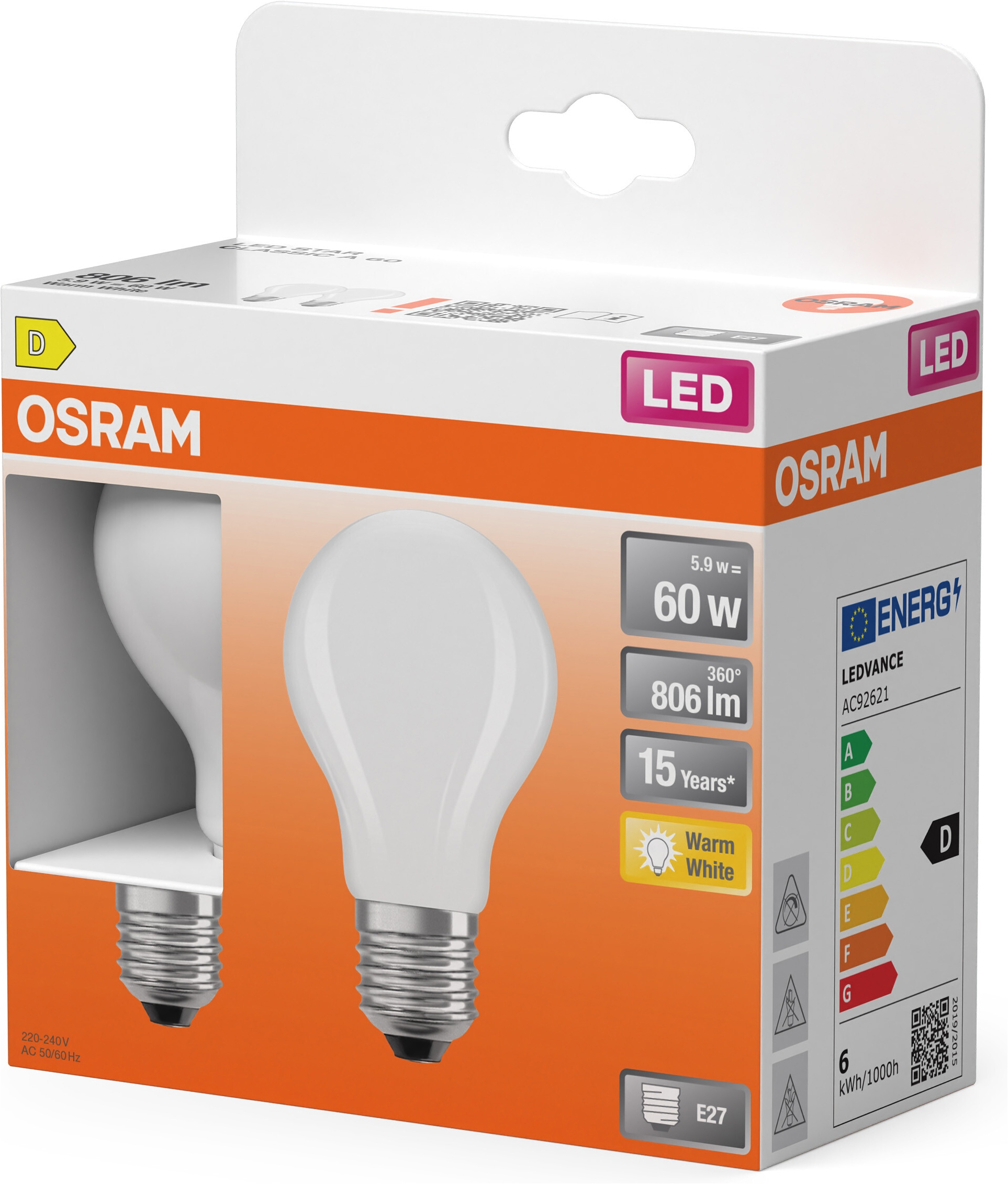 Osram LED-Leuchtmittel »LED-Lampe Star Kolbenform A60« E27 2 Stk. Warmweiß