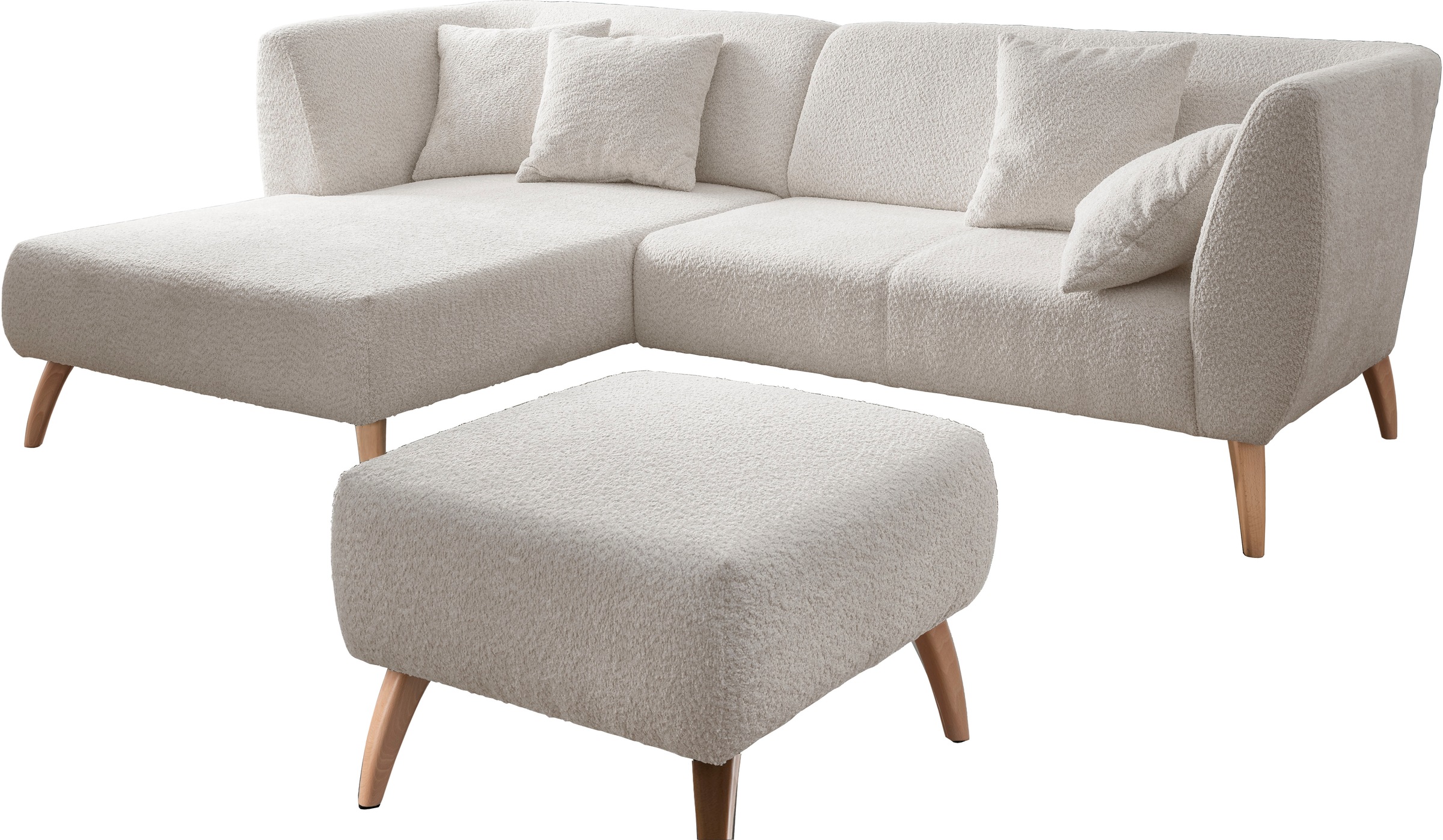 INOSIGN Ecksofa »Colori Polstermöbel mit zeitlos eleganter Rückenführung. L-Form«, Holzfußfarbe wählbar, inkl. 4x Zierkissen