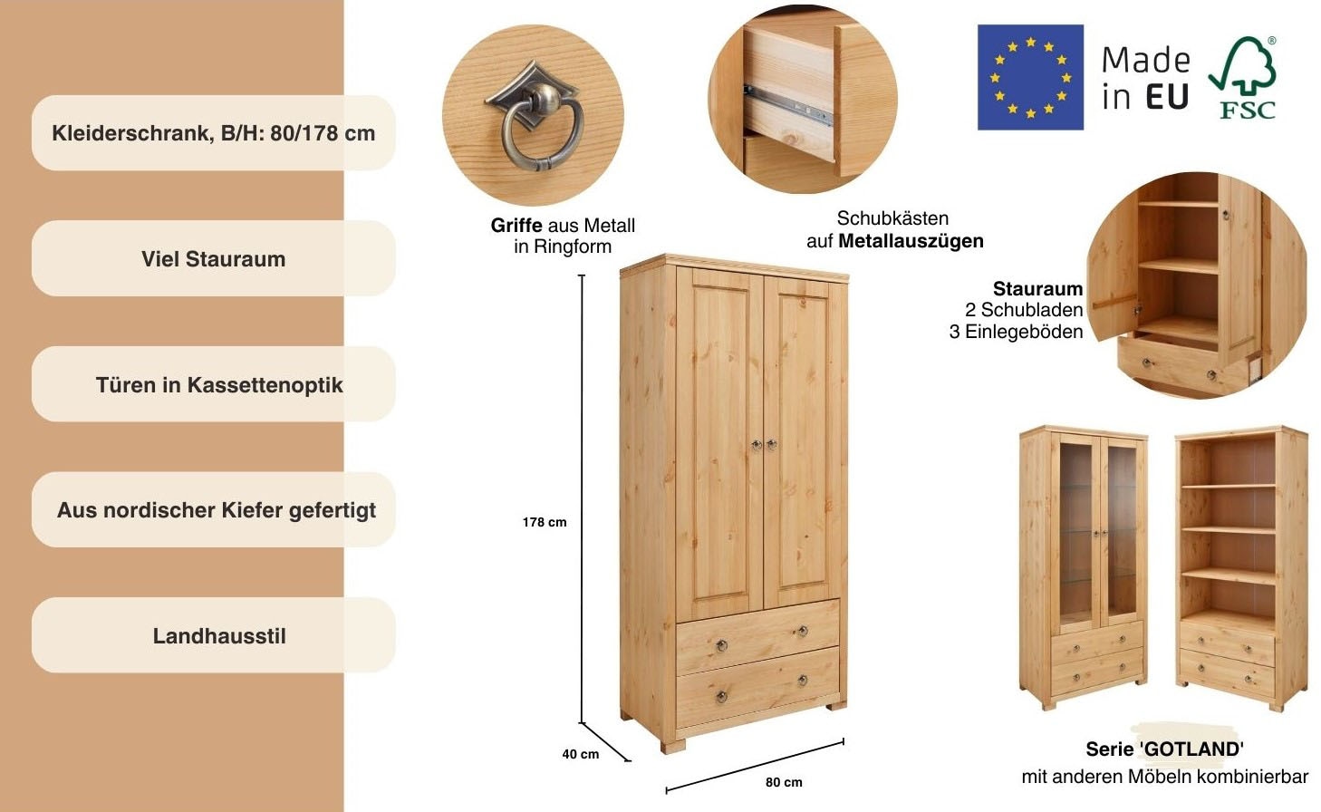 Home affaire Kleiderschrank »Gotland; Wäscheschrank, Mehrzweckschrank mit Schubladen, Landhausstil«, (B/H/T ca: 80cmx178cmx40cm), massive Kiefer, FSC® zertifiziert, langlebige Qualität trifft Stil