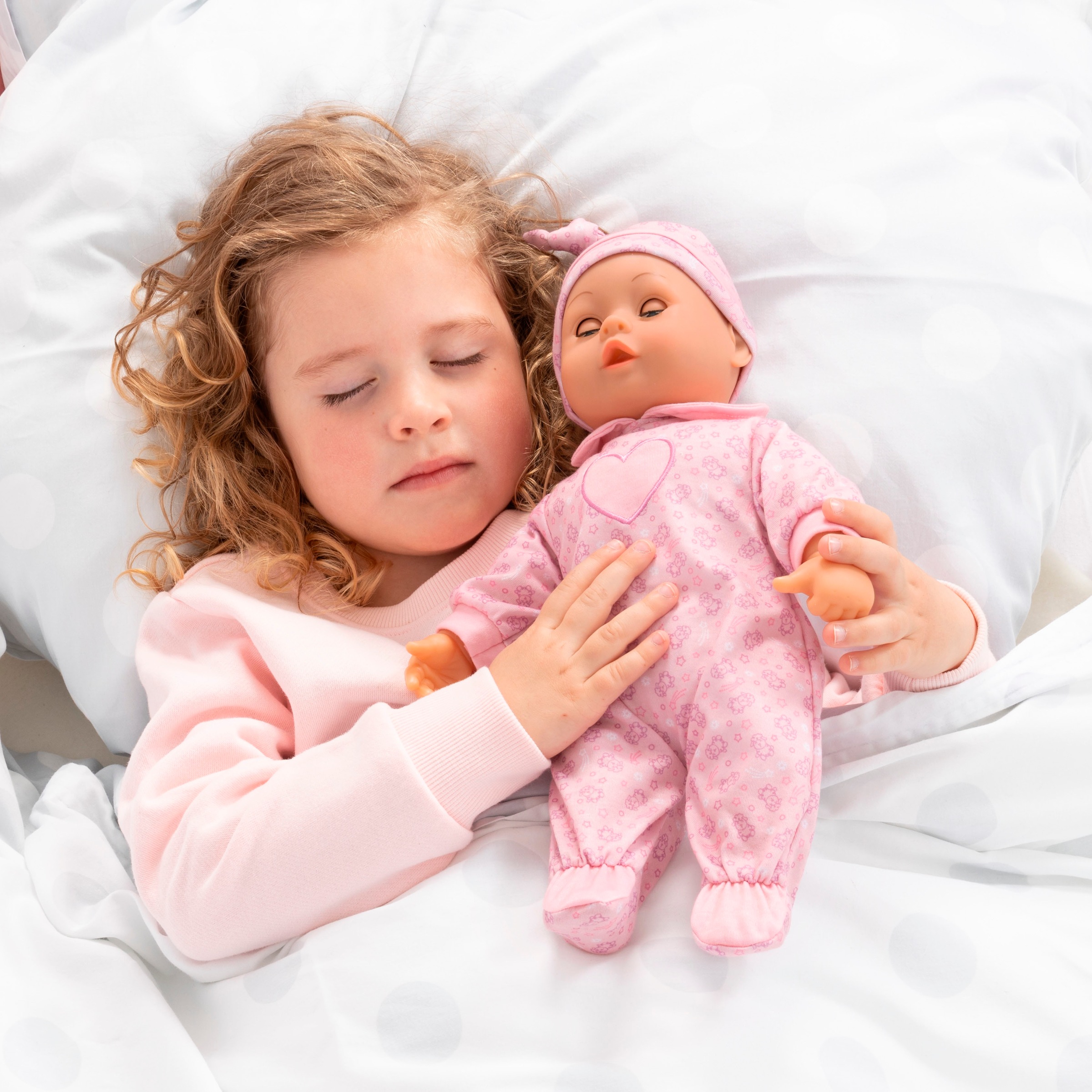 Bayer Babypuppe »First Words Baby, 38 cm, Schafe rosa«, (3 tlg.), mit Schlafaugen und Babygeräuschen