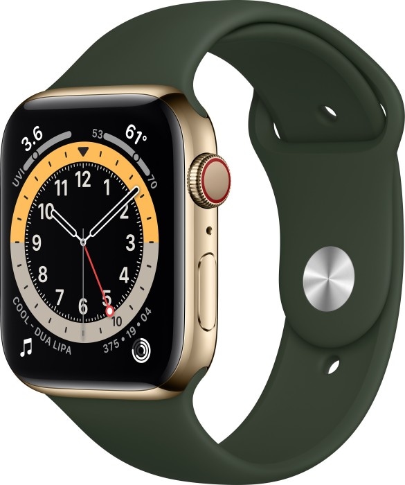 Apple Smartwatch »Series 6, GPS + Cellular, Edelstahl-Gehäuse, 44 mm mit Sportarmband«, (Watch