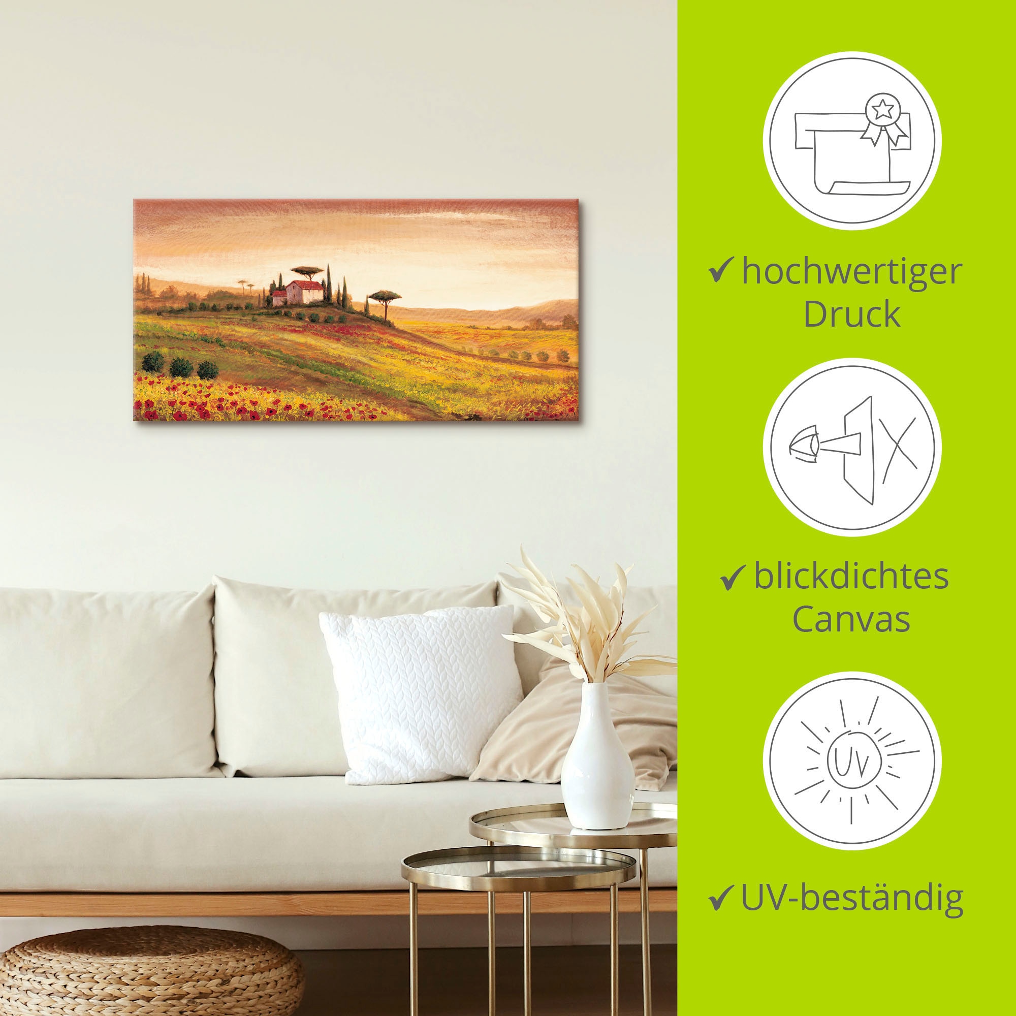 Artland Leinwandbild »Toskanalandschaft mit Mohnblumen«, Europa, (1 St.), auf Keilrahmen gespannt