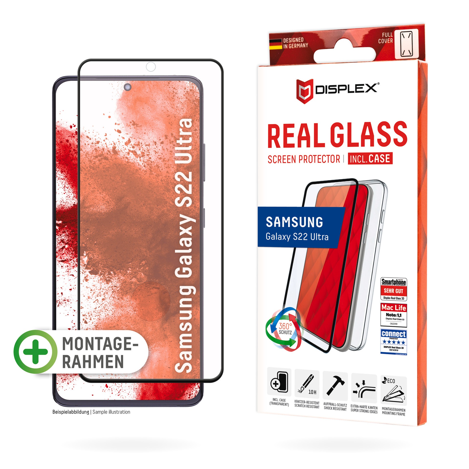 Displex Displayschutzglas »Real Glass 3D + Case Samsung S22 Ultra«, (1 St.)