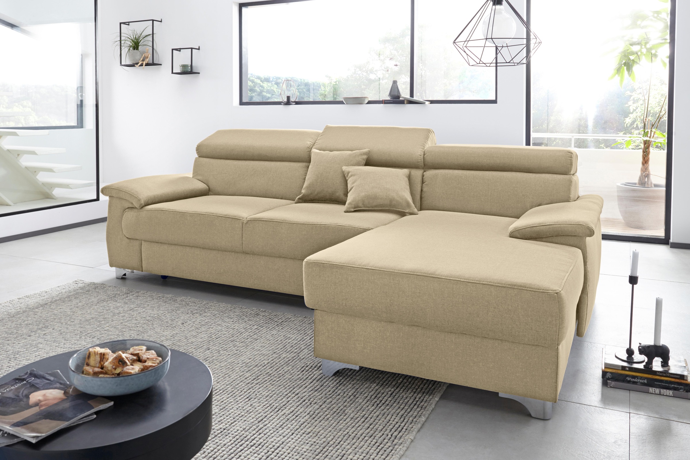 DOMO collection Ecksofa »Mira, inklusive Kopfteilverstellung für mehr Wohlfühlkomfort, L-Form«, wahlweise mit Bettfunktion und Bettkasten, elegant und modern