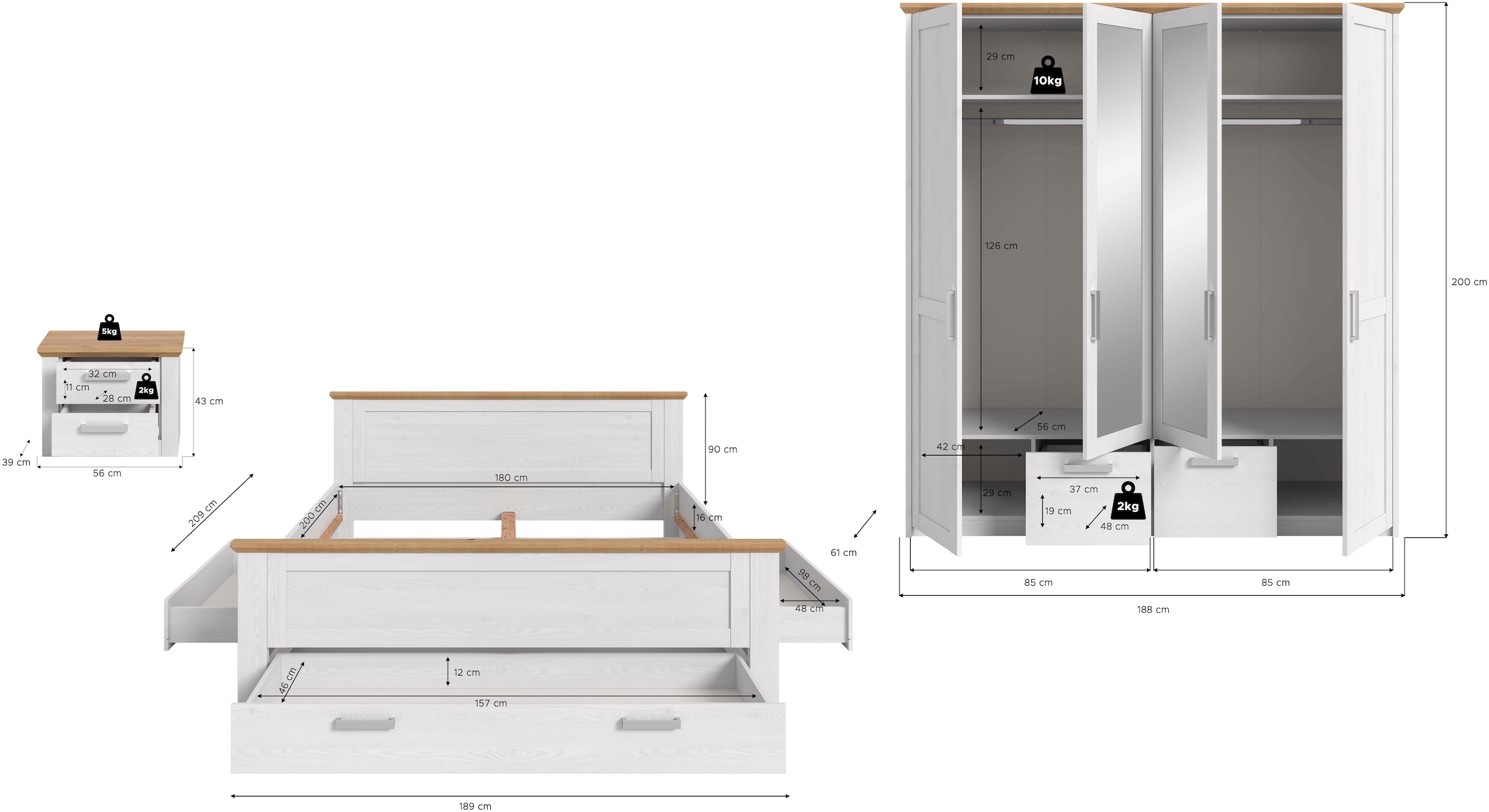 Home affaire Schlafzimmer-Set »COSENZA,  3-teilig, Kleiderschrank, Bett & Nachttisch« Matratzengröße 180x200 cm, viel Stauraum, ohne Lattenrost & Matratze, 3 tlg. tlg. Schlafzimmer, Schlafen, Set, Kombination, Bettanlage