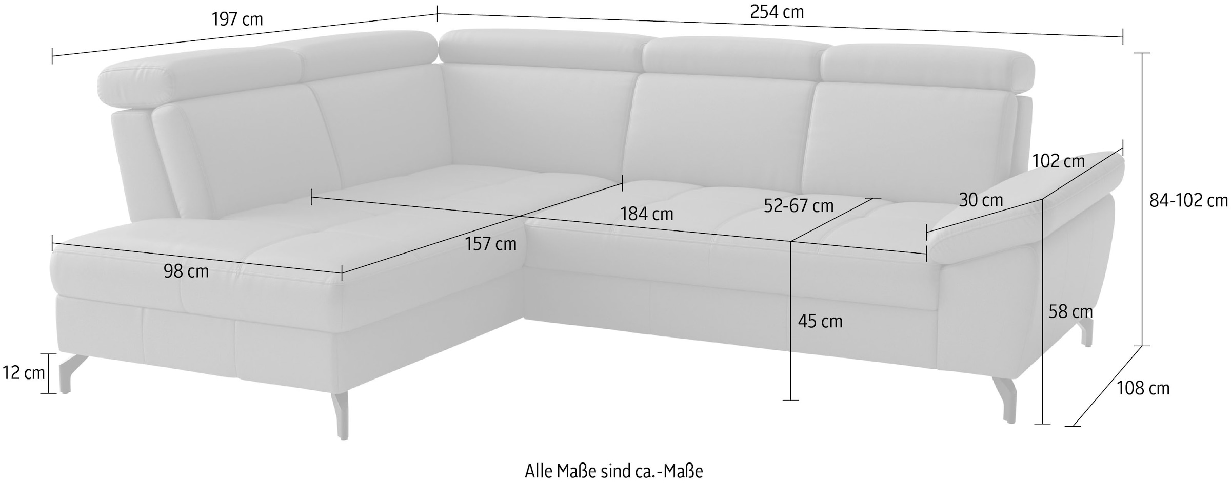 sit&more Ecksofa »Vanity L-Form, B: 254 cm, mit Sitz-, Kopf- und Armteilverstellung« Couch optional mit Schlaffunktion & Bettkasten, Leder