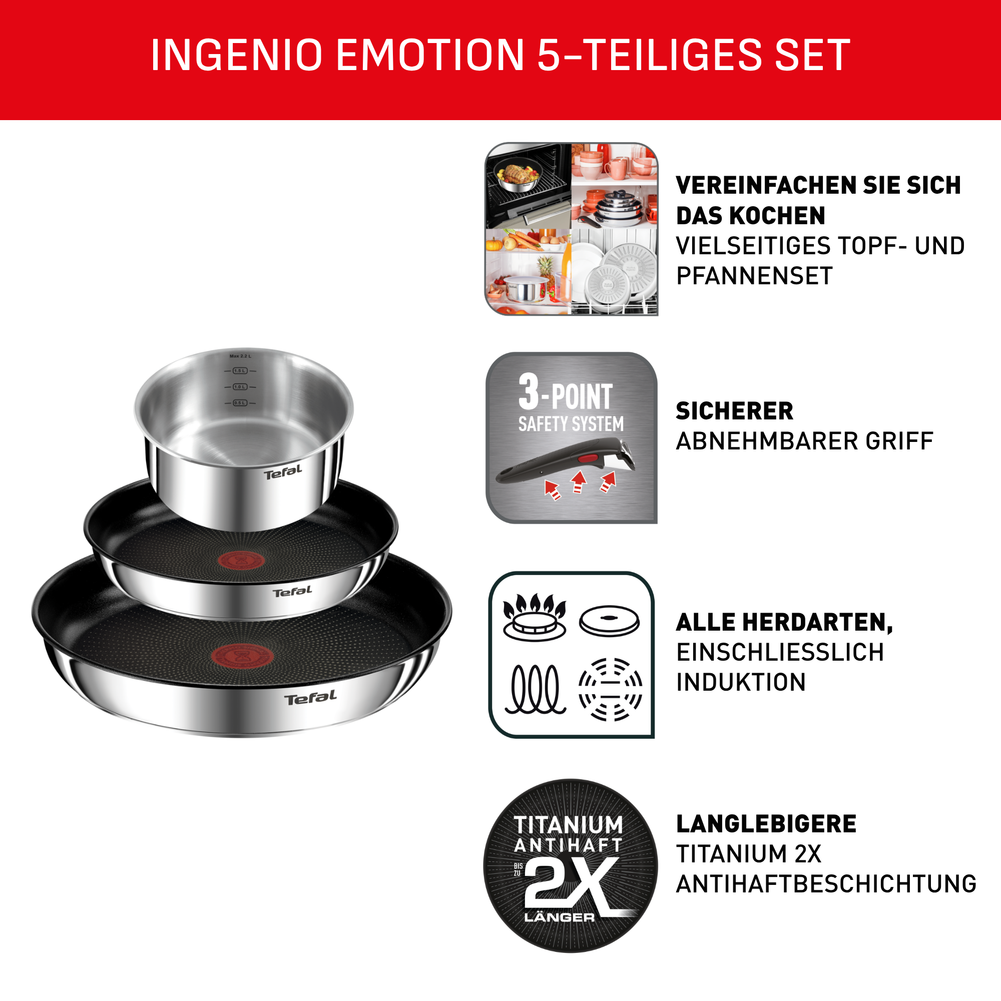 Tefal Pfannen-Set »Ingenio Emotion« Edelstahl Set, 5 Stk. tlg. abnehmbarer Griff, Antihaftversiegelung, Thermo-Signal, Induktion