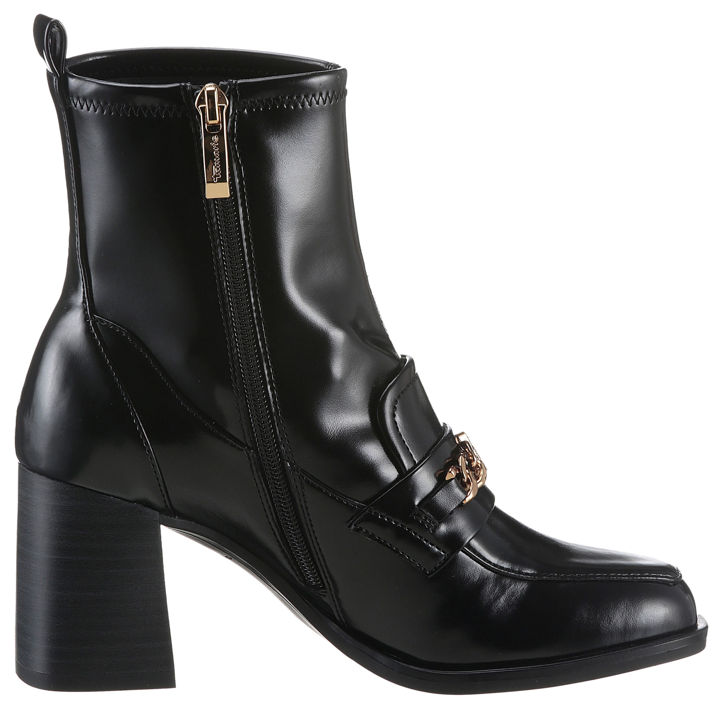 Tamaris Stiefelette, Blockabsatz, Partyschuh mit eleganter Zierkette und Logoemblem