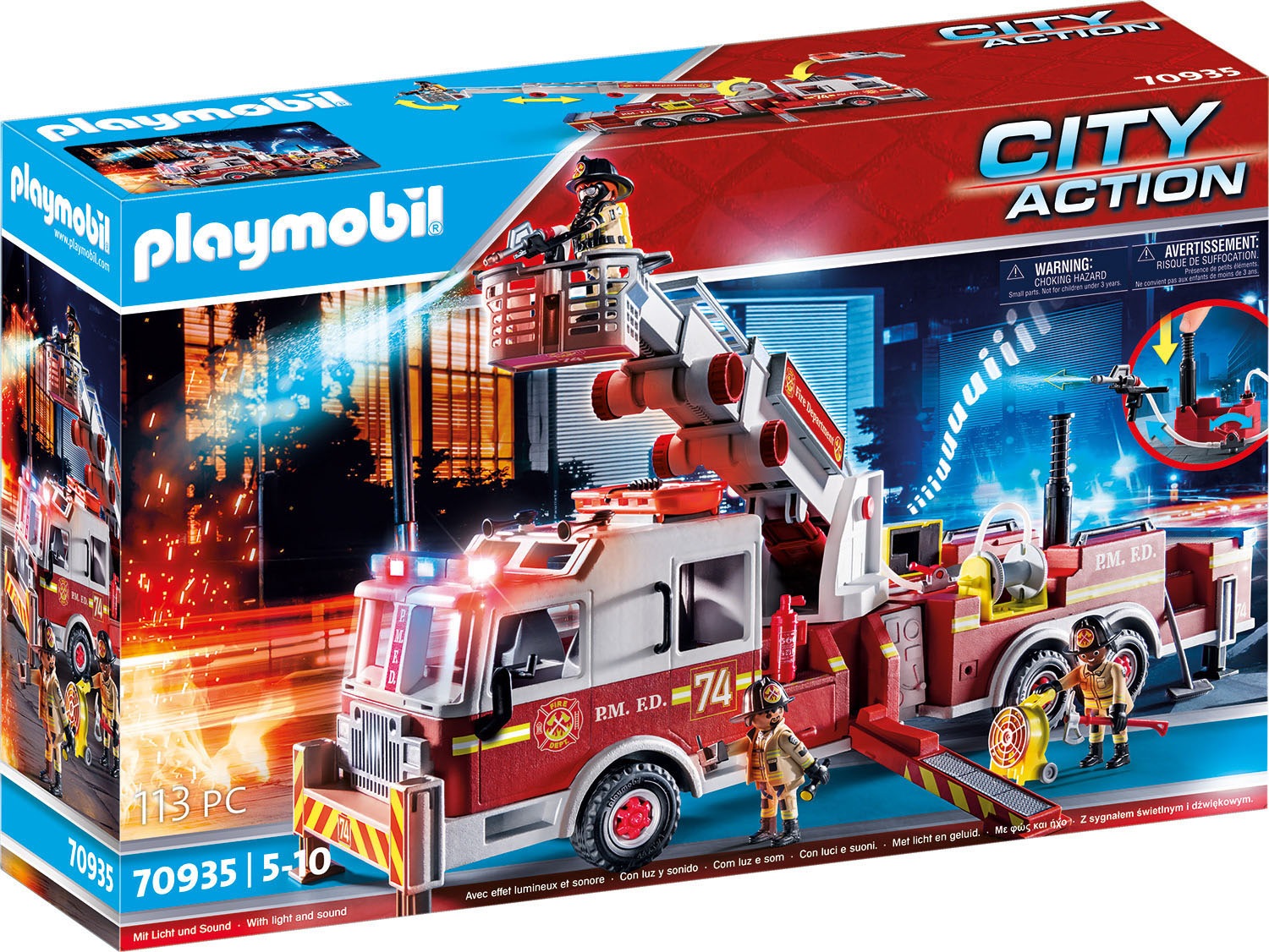 Playmobil Konstruktions-Spielset »Feuerwehr-Fahrzeug: US Tower Ladder (70935), My Action Heroes« mit Licht- und Soundeffekten, Made in Germany in rot