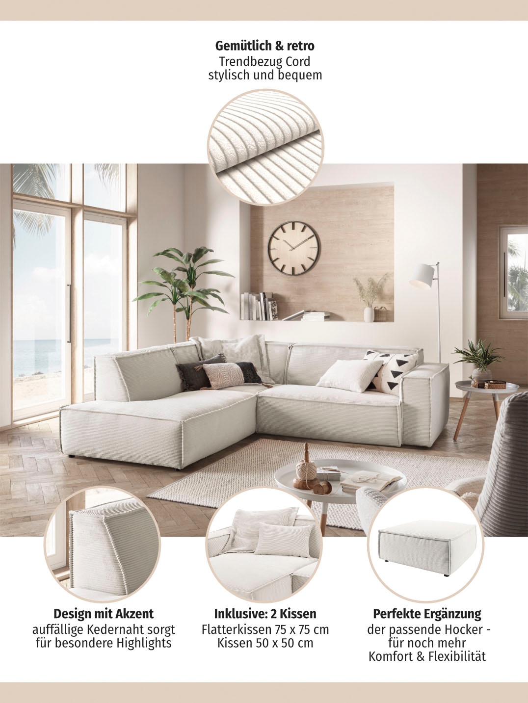 3C Candy Ecksofa »Matteo in elegant, kubischer Formensprache, bequem, L-Form«, mit auffälliger Kedernaht, Cord-Bezug, Lounge-Charakter, OTTOs Choice