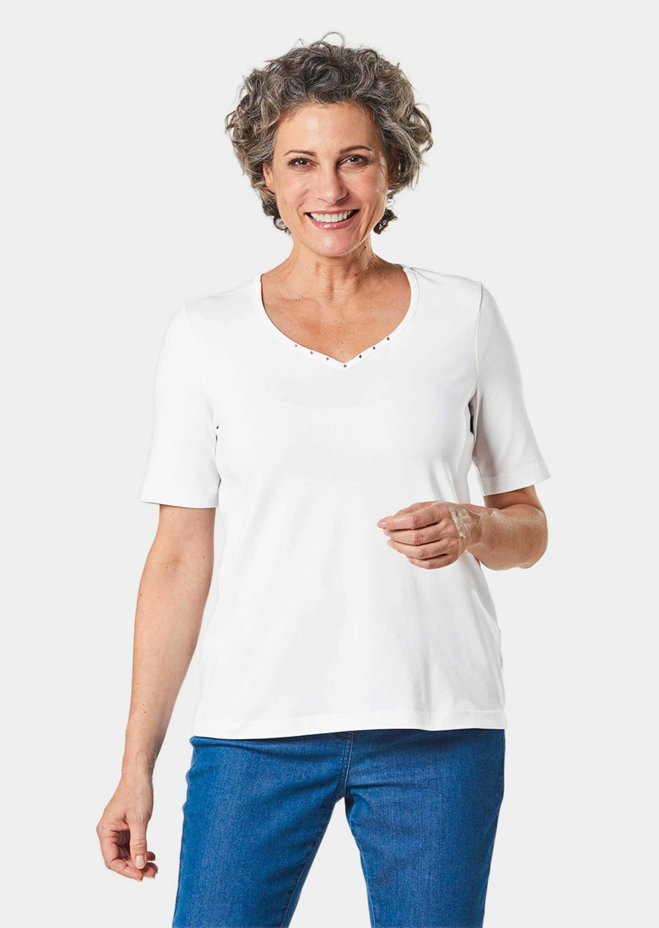 GOLDNER Langarm-Poloshirt »T-Shirt mit charmantem Ausschnitt und Schmucksteinchen«