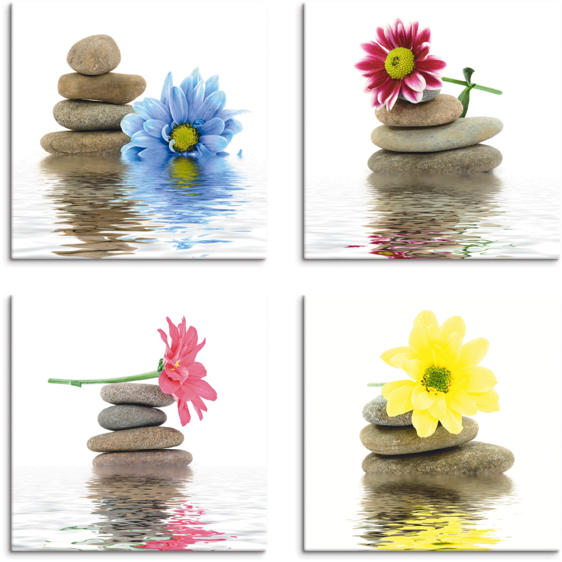 Leinwandbild »Zen Therapie-Steine mit Blumen«, Zen, (4 St.), 4er Set, verschiedene Größen