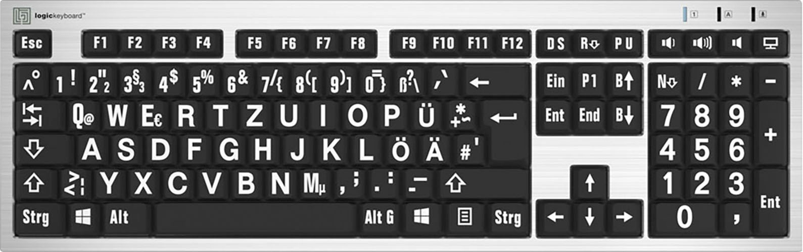 Logickeyboard Slimline-Tastatur »XL-Print White on Black DE (PC/Slim)«, (Ziffernblock-USB-Hub)