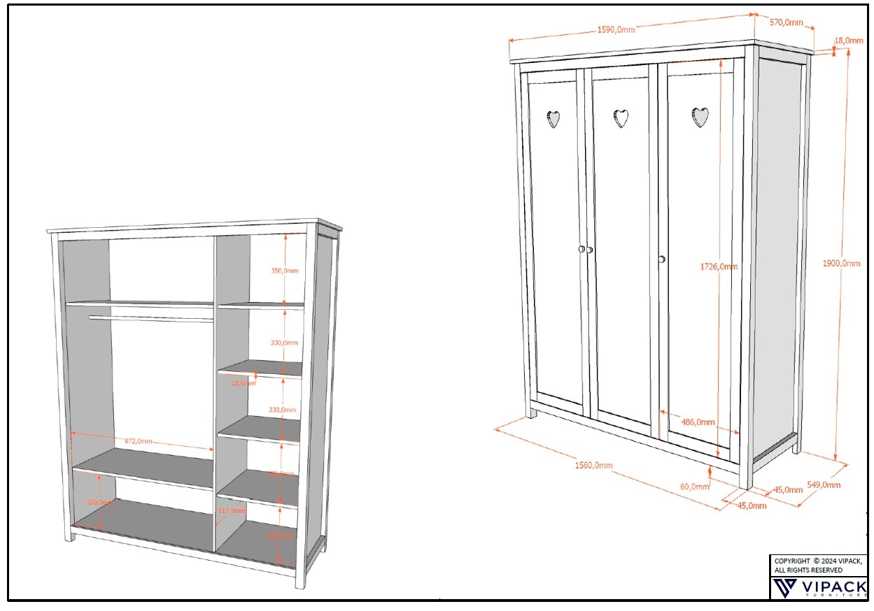 Vipack Babyzimmer-Komplettset »Amori 4-tlg. mit Herz-Ornamenten, MDF/Massiv weiß lackiert«, (4 tlg.)