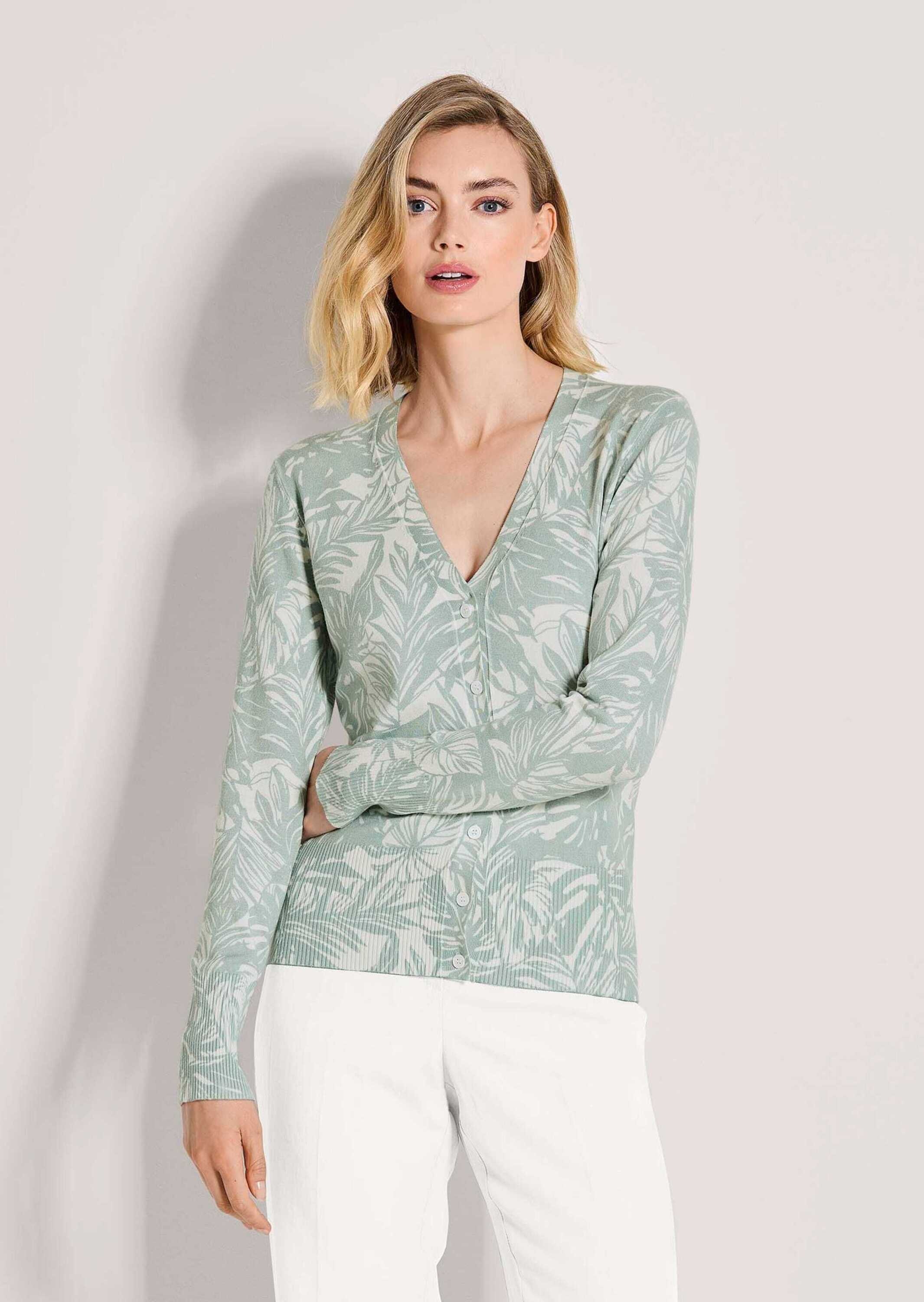 MADELEINE Strickjacke »Strickjacke Elegante Feinstrickjacke mit Print, V-Ausschnitt« Zarter Alloverprint