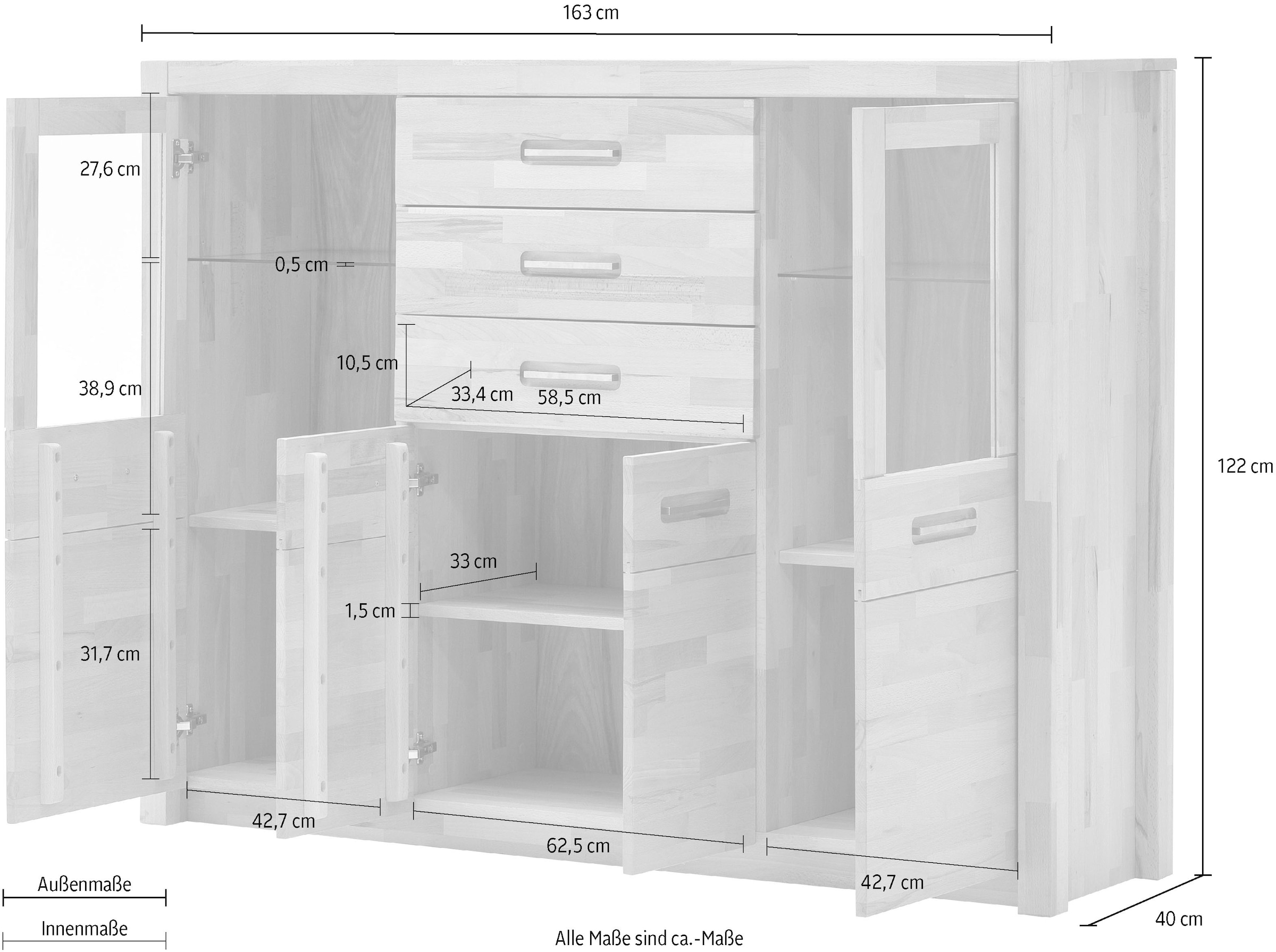 MCA living Highboard »Fenja Schrank, Hochschrank, Hochkommode, Breite 163 cm«, (Set, 1 St., 1 Stück), Massivholz, 3 Schubkästen, 4 Türen, Made in Europe