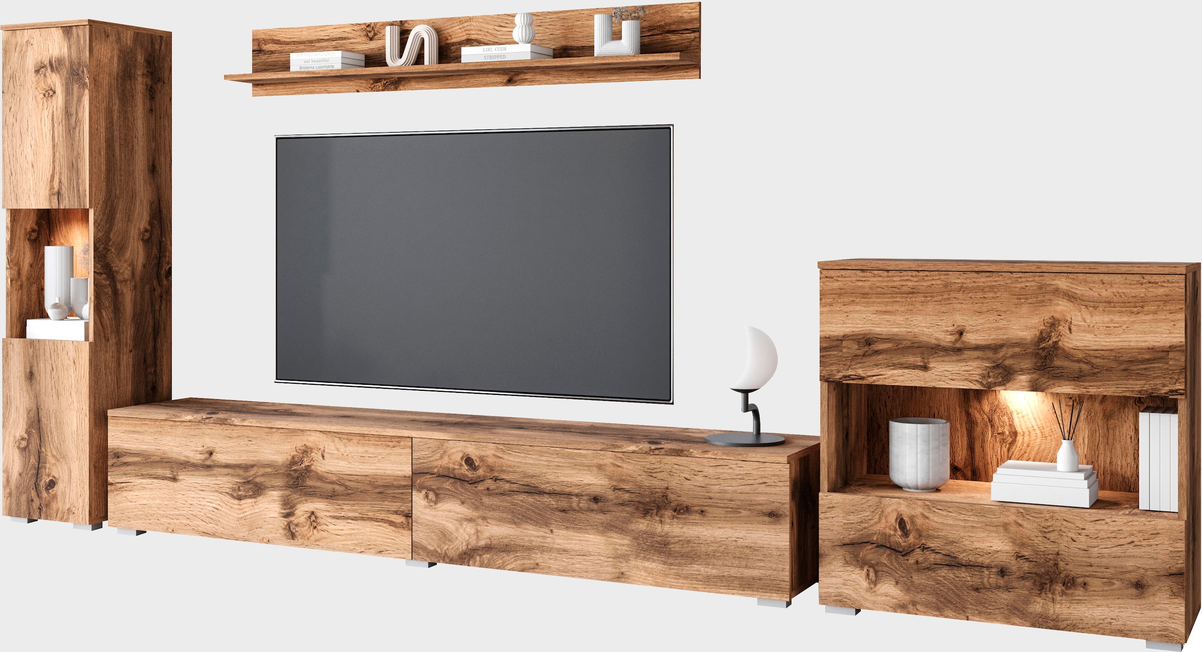 INOSIGN Wohnwand »PARIS«, (Komplett-Set, 4 St.), TV-Wand 300cm breite, grifflose Design, stehend und hängend montierbar