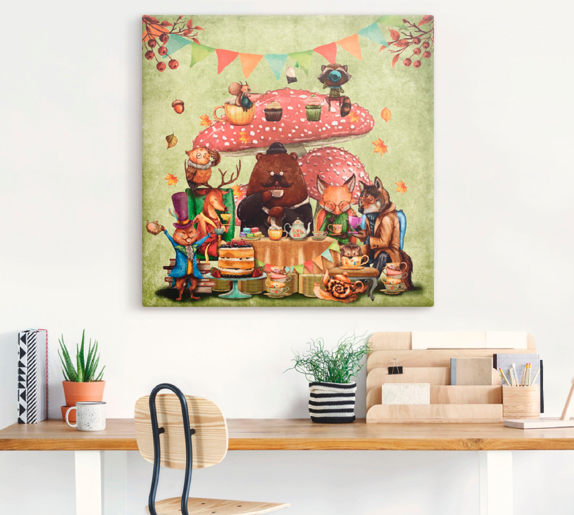 Artland Leinwandbild »Wald Freunde Fliegenpilz Teetrinken« Animal Fantasy 1 Stk. tlg. auf Holzrahmen gespannt