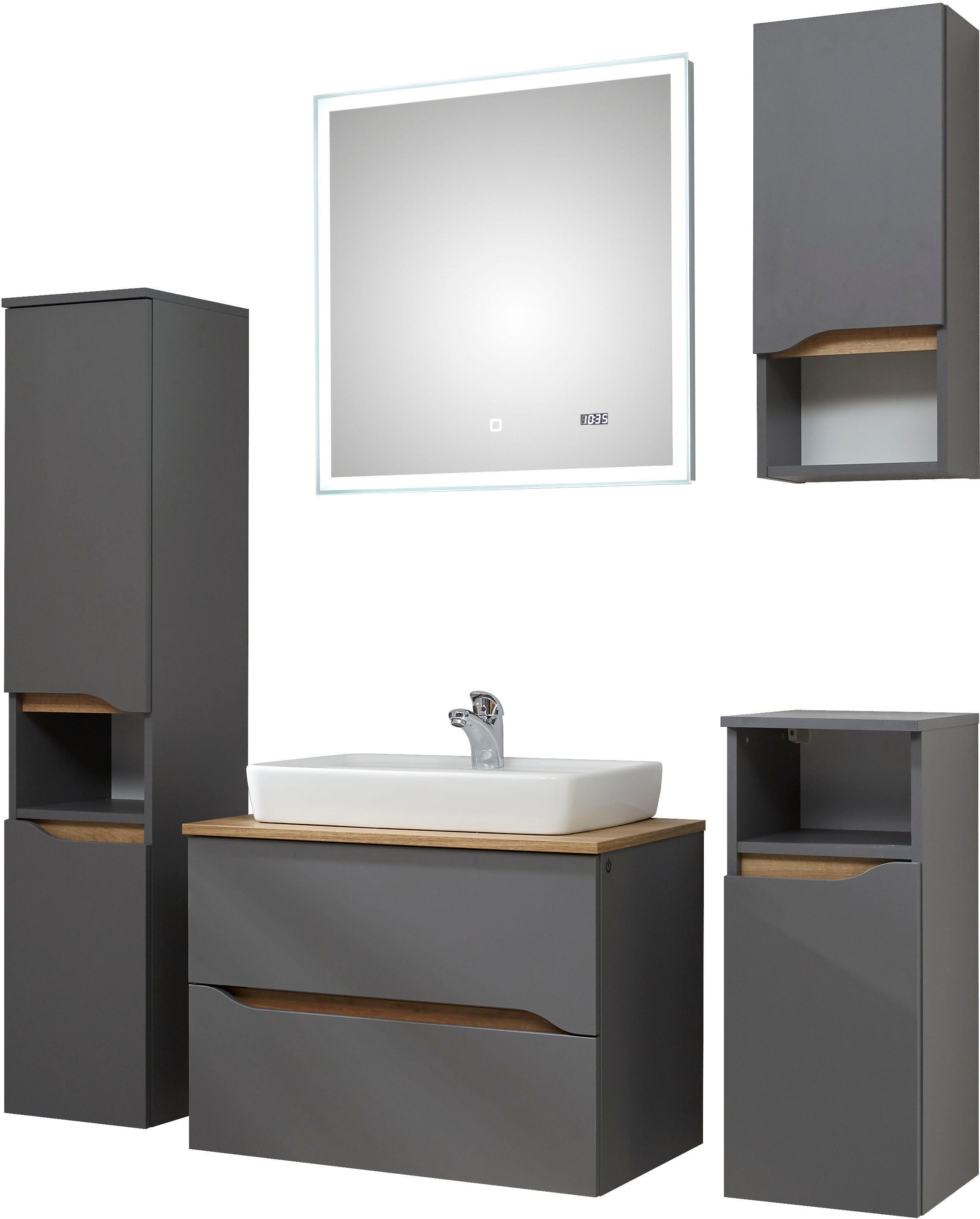 Saphir Badmöbel-Set »Quickset 5-teilig, Keramik-Aufsatzbecken mit LED-Spiegel« 7 Stk. tlg.