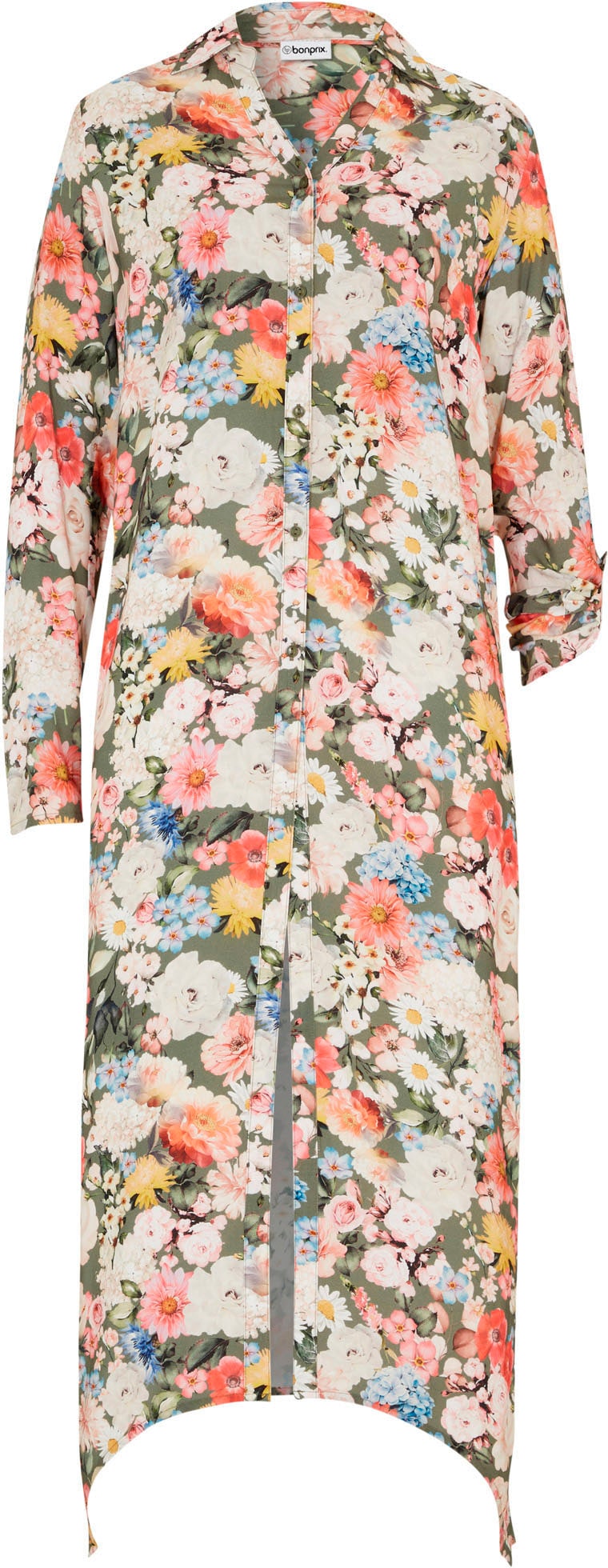 bonprix Longbluse »Longbluse aus fließender Viskose« in A-Linie, aus Viskose, mit Blütendruck, mit Hemdblusenkragen