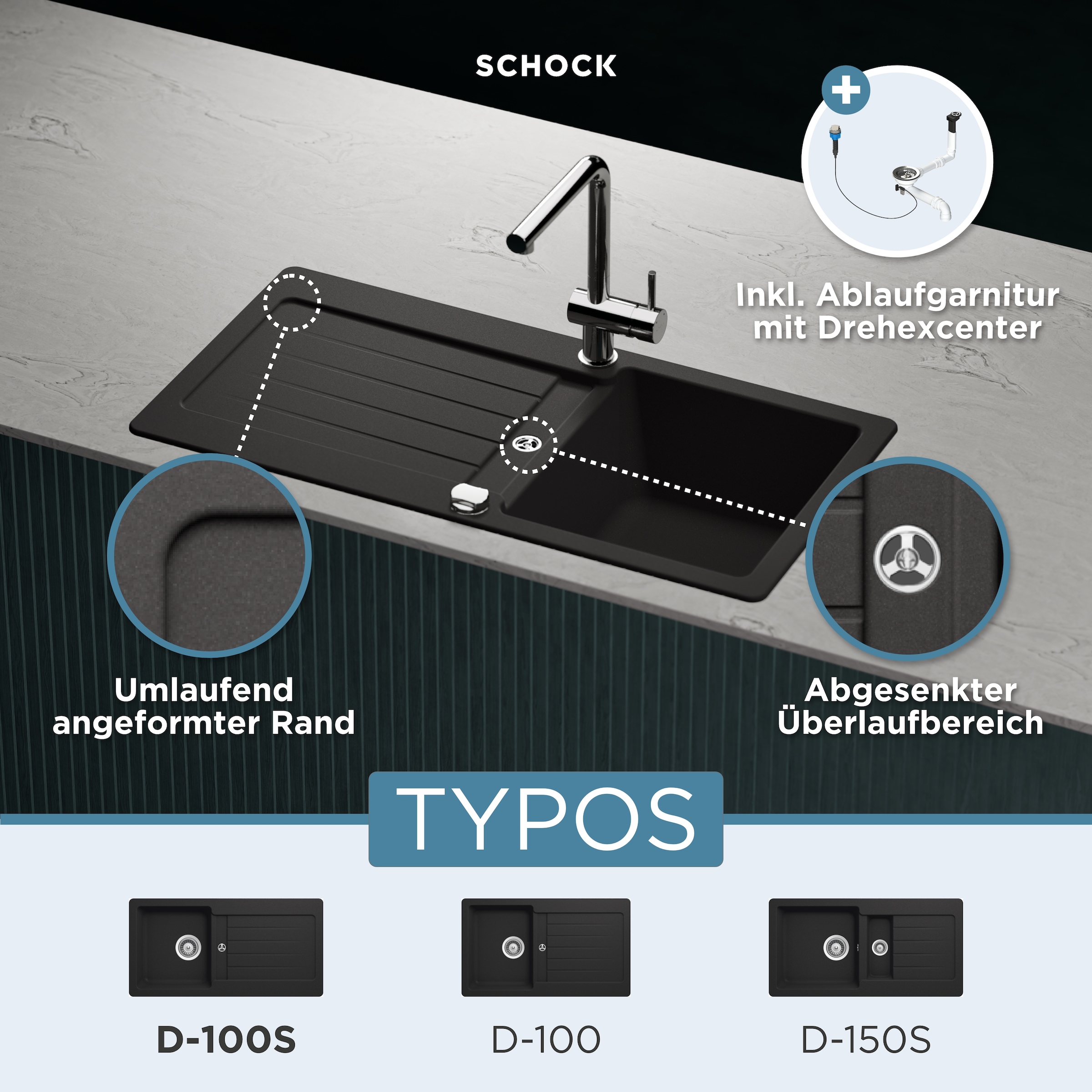 Schock Granitspüle »Typos D-100 S«, mit Ablauf und Abtropffläche, links und rechts einbaubar