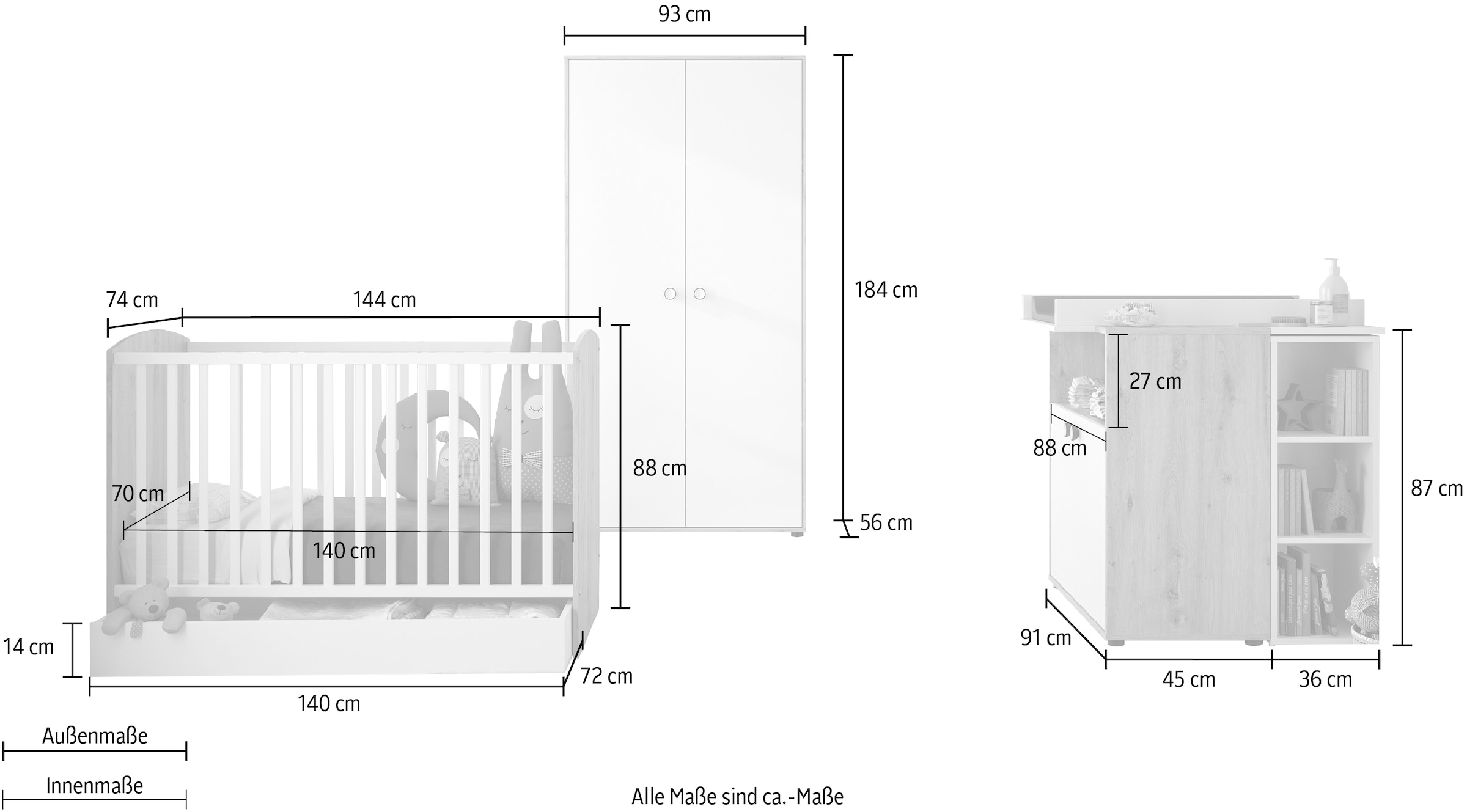 Galipette Babyzimmer-Komplettset »Arthur«, (6 St., mit Schrank, Bett mit Schubl, Wickelkommode, Wickelaufsatz und Regal)