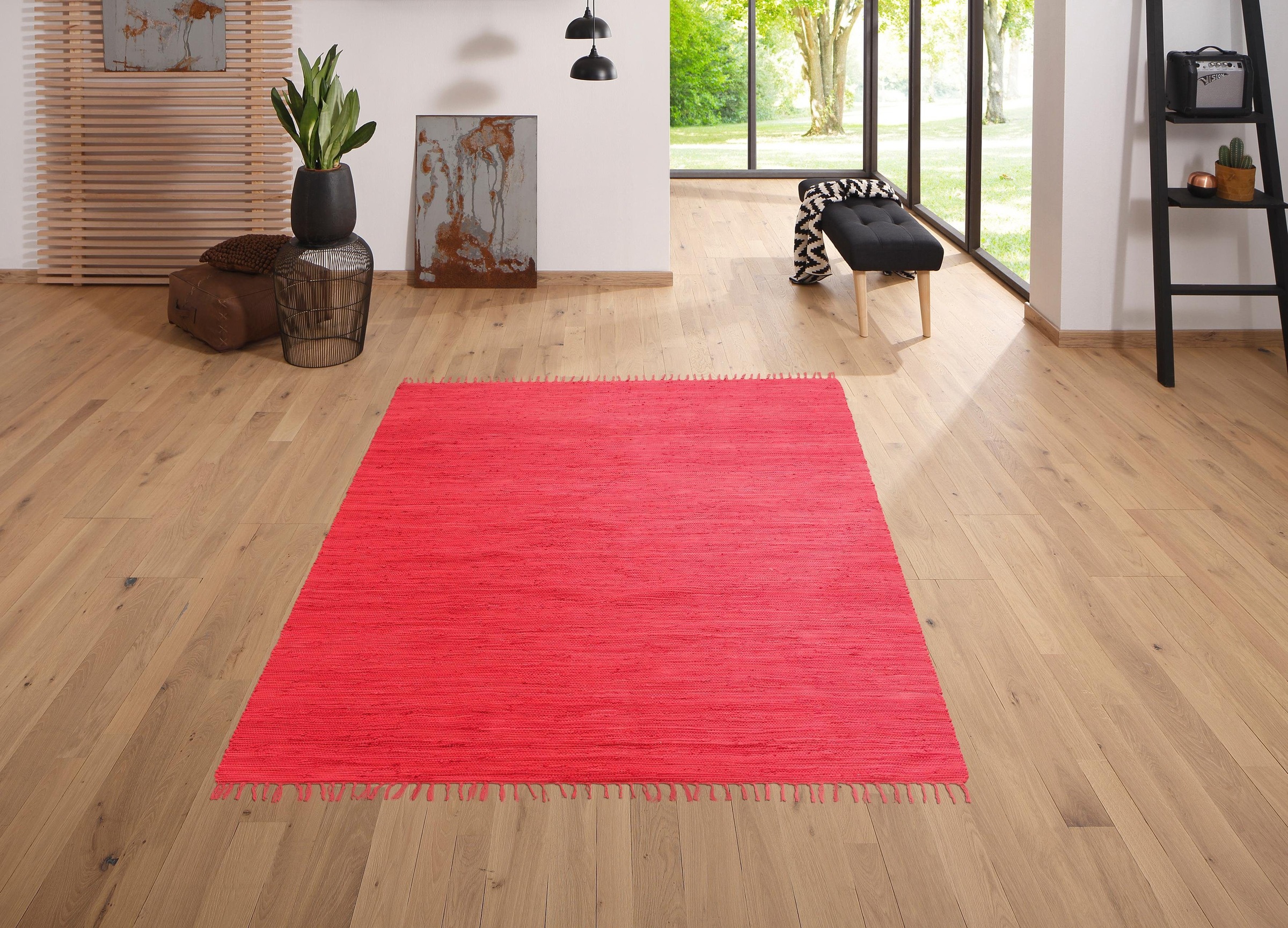 OTTO home Wollteppich »Ares« rechteckig 5 mm Höhe Uni Farben, handgewebt, mit Fransen, reine Baumwolle, waschbar, Läufer