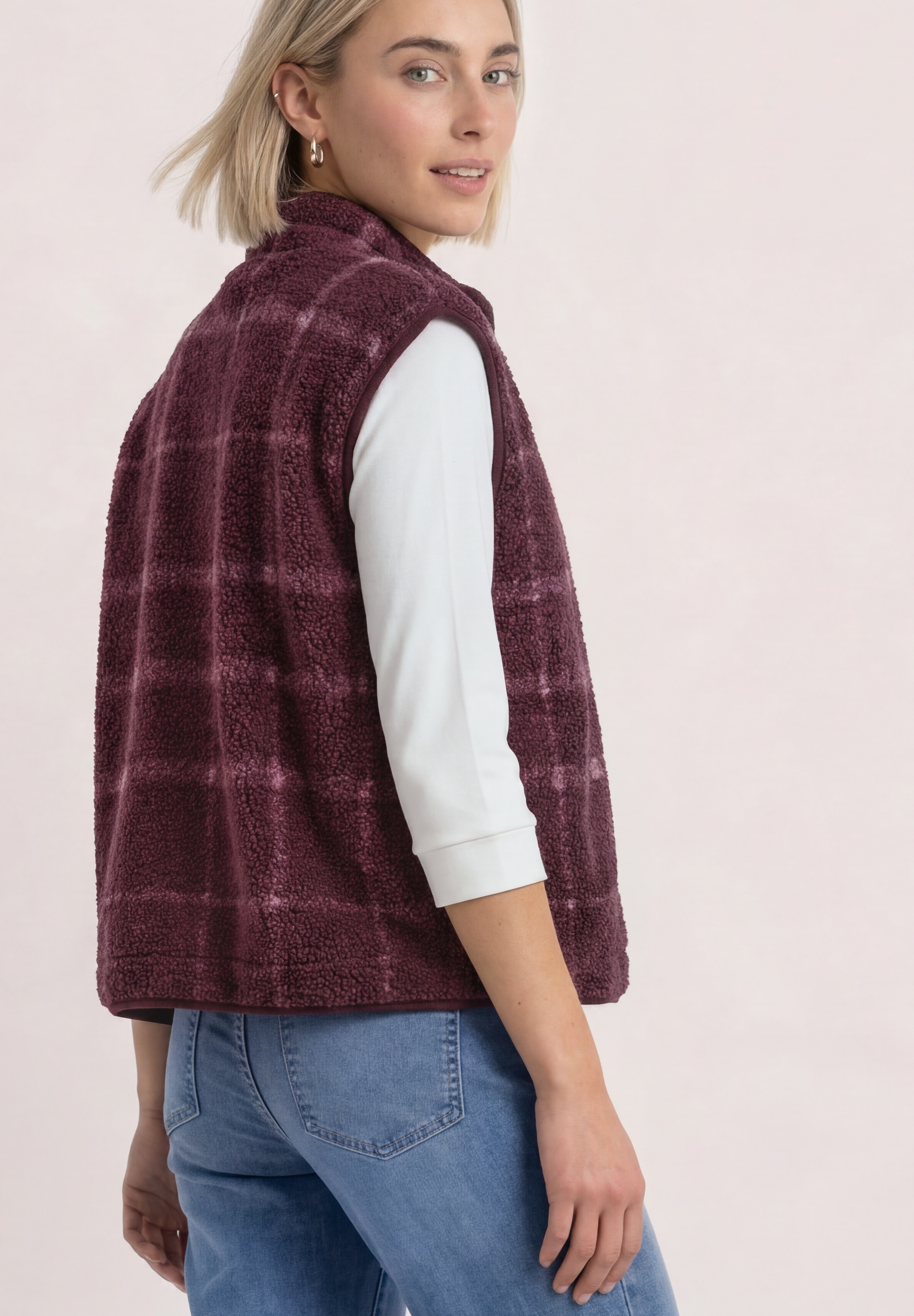 STREET ONE Plüschweste mit Zipper und Print / Kariert