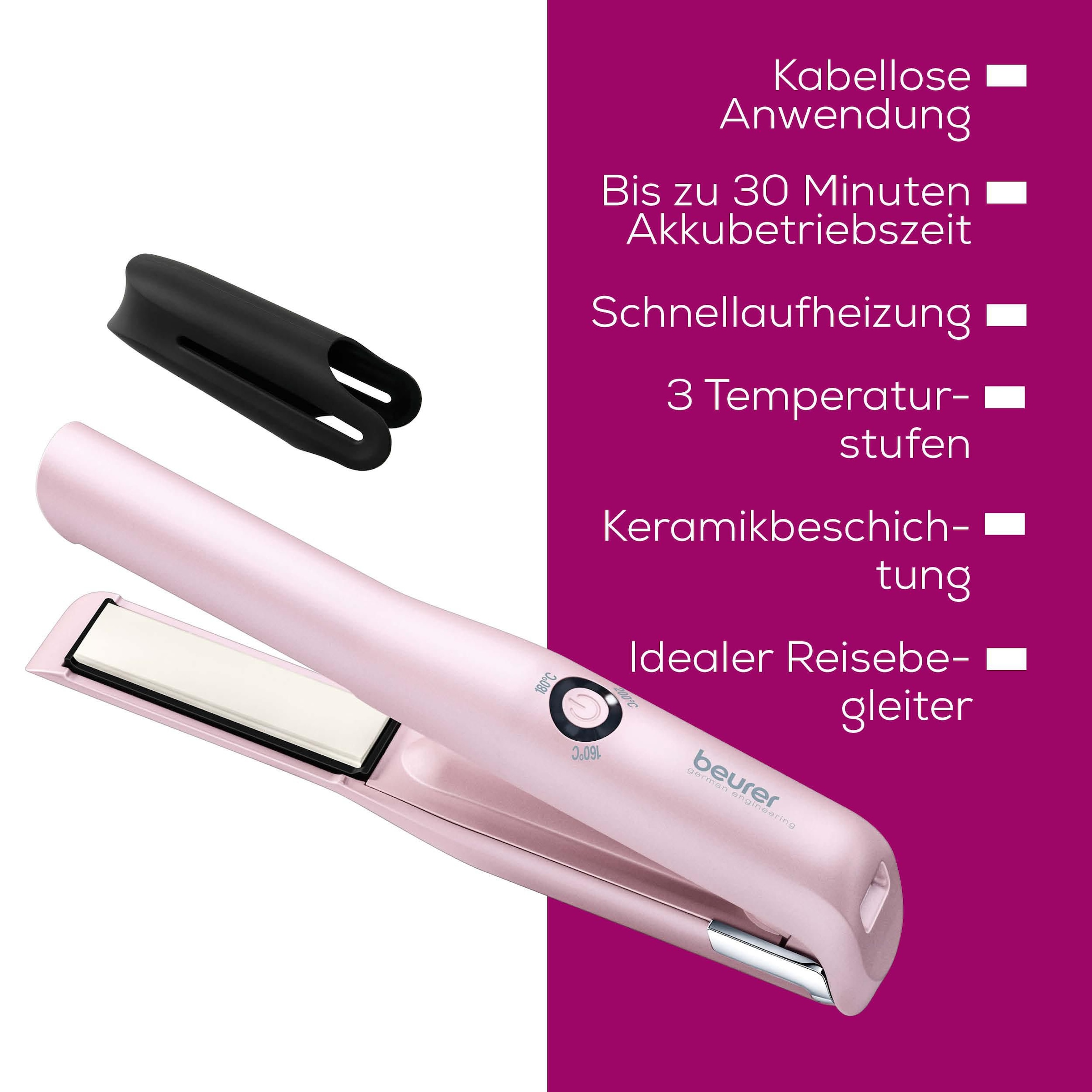 BEURER Glätteisen »HS 20 Akku-Glätteisen to go, kabellose Anwendung für 30 Minuten«, Keramik-Turmalin-Beschichtung, 3 Temperaturstufen (160, 180, 200°C), inkl. Schutzkappe und USB-Kabel
