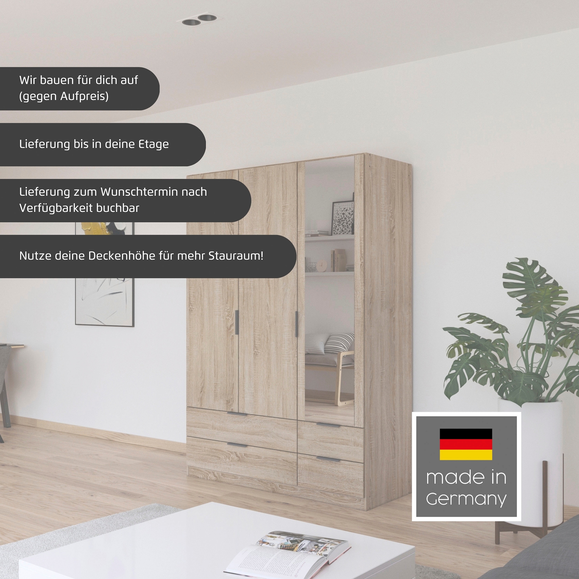 rauch Kleiderschrank »Drehtürenschrank Schrank Garderobe Ankleide Schlafzimmer LAGOA« 3 verschiedene Ausstattungen BASIC/CLASSIC/PREMIUM (inkl. SOFT-CLOSE),  moderne Kantengriffe aus Metall, optional mit Aufsatz MADE IN GERMANY