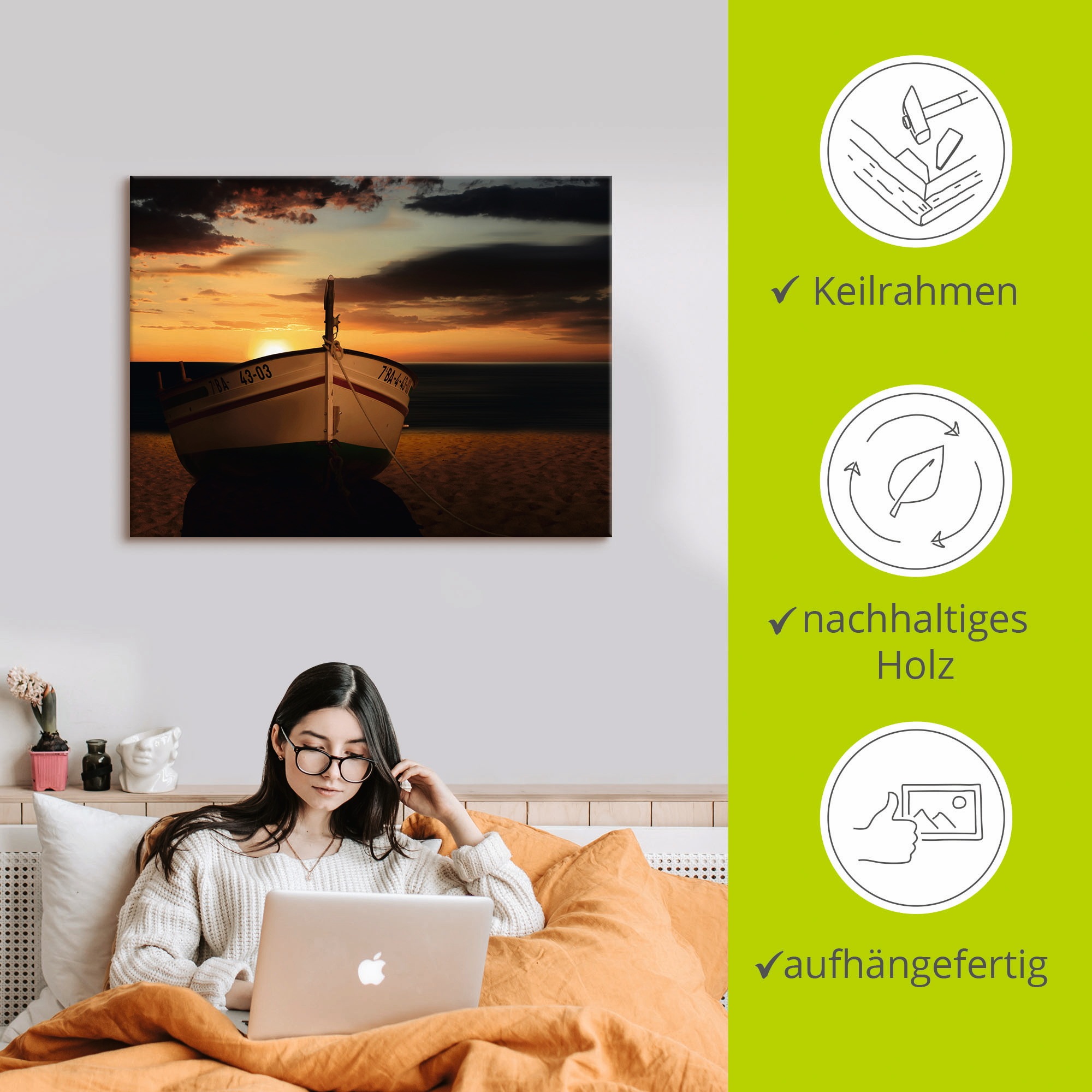 Artland Wandbild »Das Boot im Sonnenuntergang«, Küste, (1 St.), als Leinwandbild, Wandaufkleber in verschied. Größen