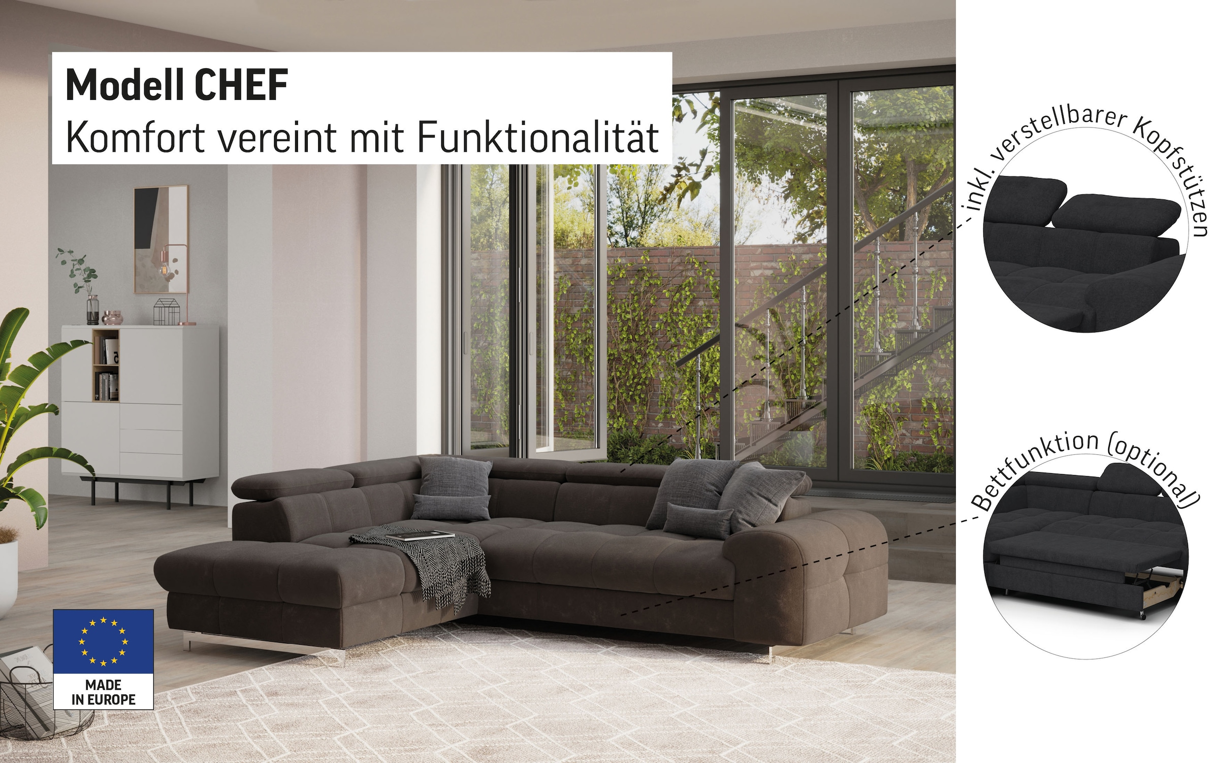 COTTA Ecksofa »Chef L-Form« mit Kopfteilverstellung, edle Metallkufen, wahlweise mit Bettfunktion