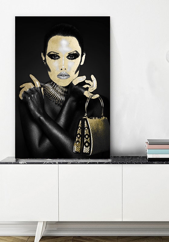queence Acrylglasbild »Chensit«, Kunst-Gemälde-Frau-Bilder von Frauen-Mode-Modern-Fashion-Magazincover, (1 St.), von Hand eingearbeitete Blattgold Applikationen