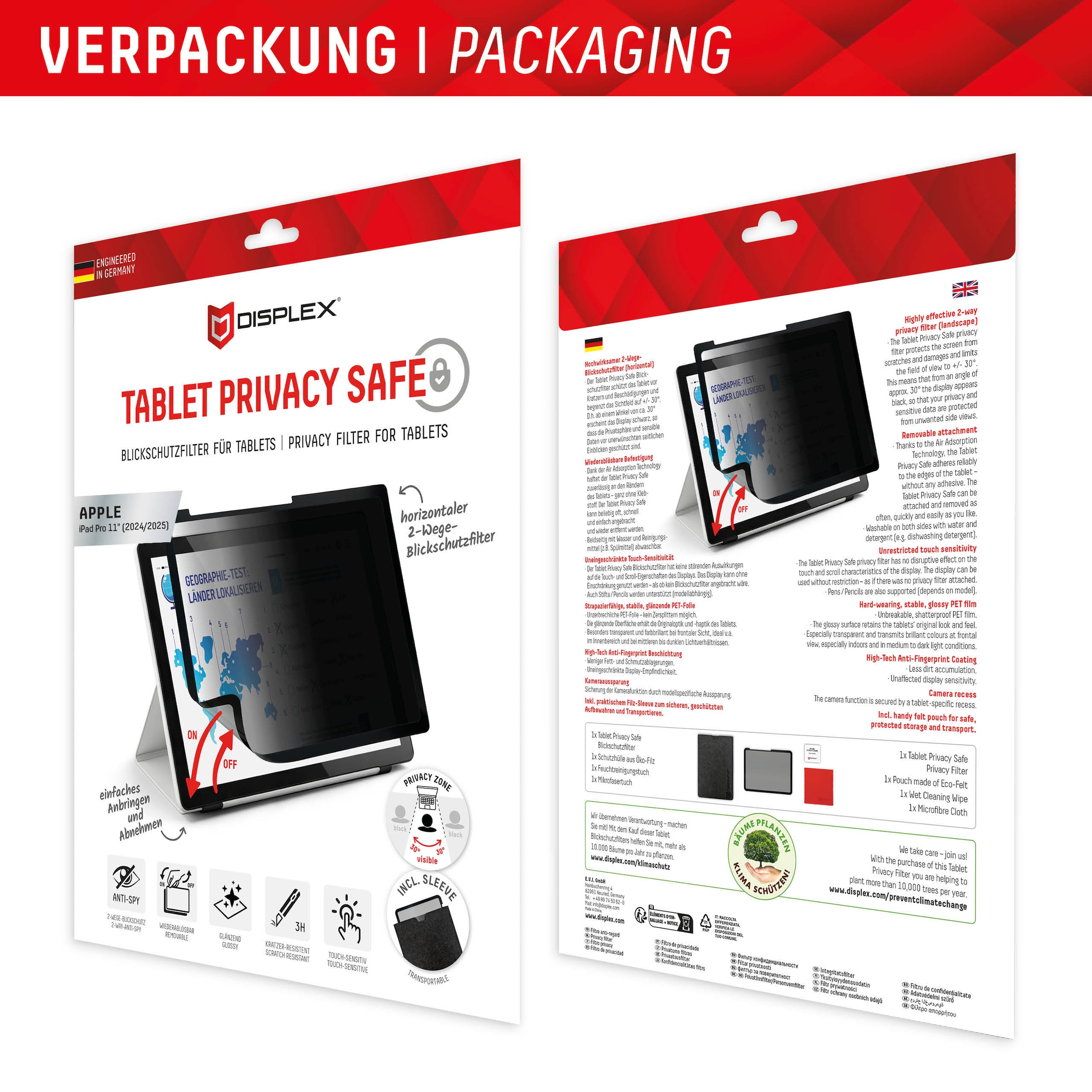 Displex Displayschutzfolie »Tablet Privacy Safe« für Apple iPad Pro 11" (2024/2025) Blickschutzfolie, Schutzfolie, Bildschirmschutz, kratz- & stoßfest