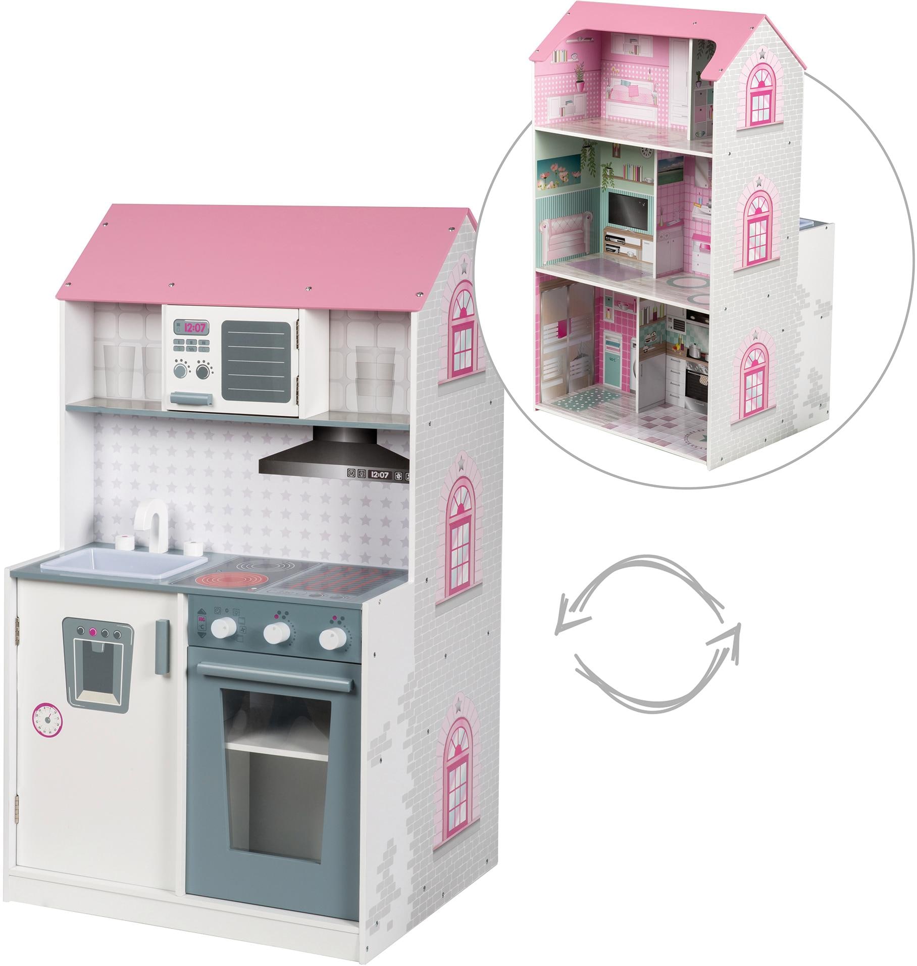 roba® Spielküche »2-in-1, rosa«, mit mehrstöckigem Puppenhaus