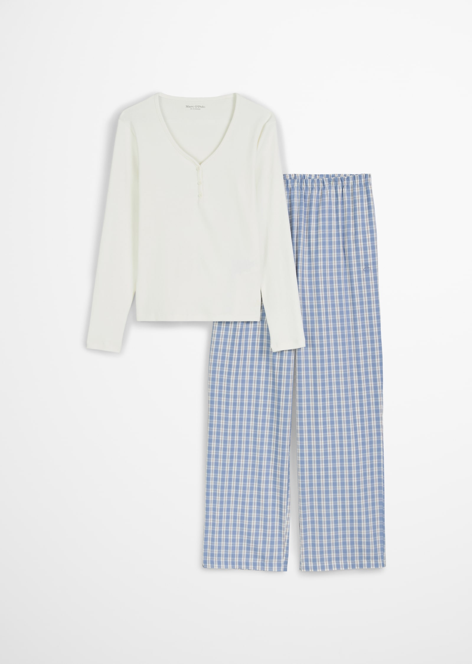 Marc O'Polo Pyjama »Mix N Match Cotton«, (2 tlg.), V-Ausschnitt, Langarm, Hose kariert, Gummizug, Baumwolle